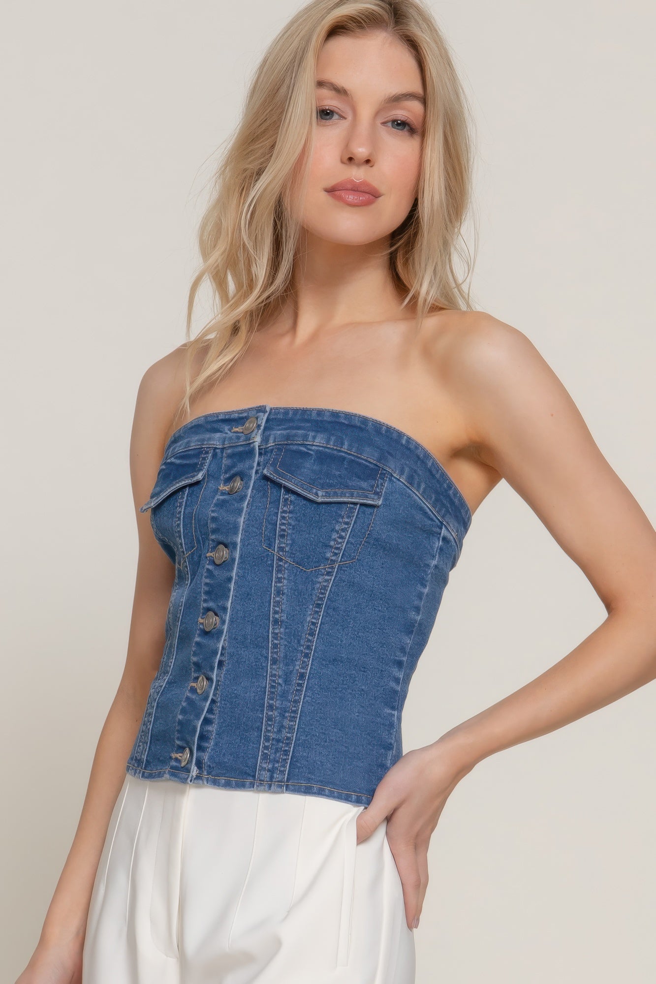Button Down Placket Stretch Denim Tube Top