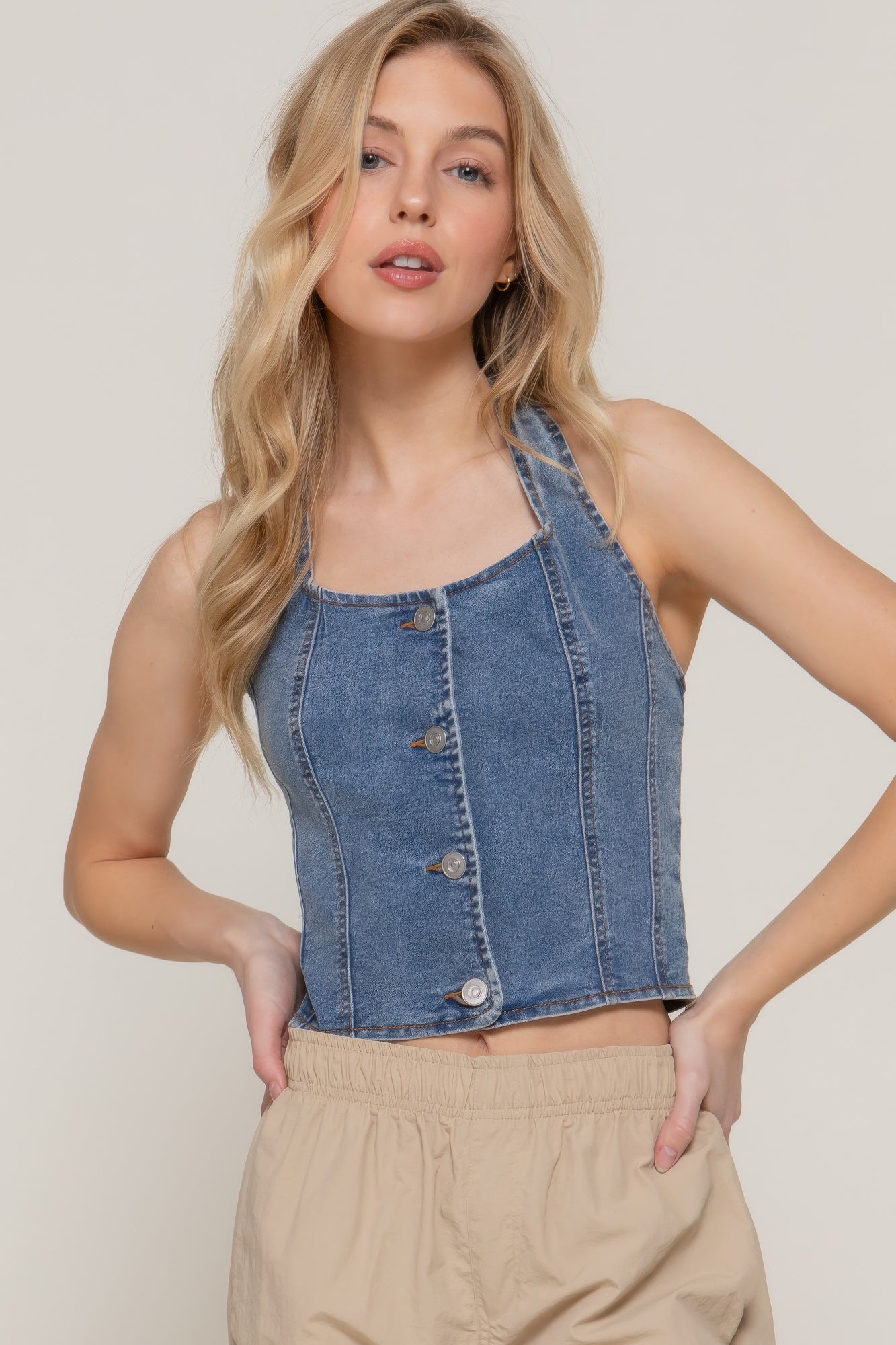 Button Down Stretch Denim Halter Top L