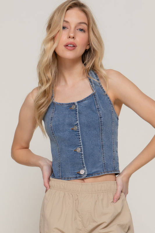 Button Down Stretch Denim Halter Top L