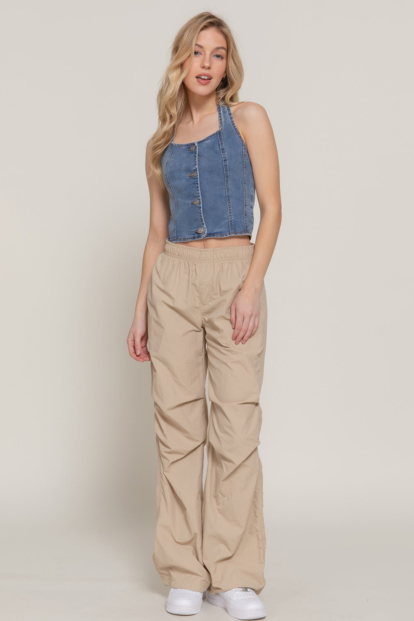 Button Down Stretch Denim Halter Top