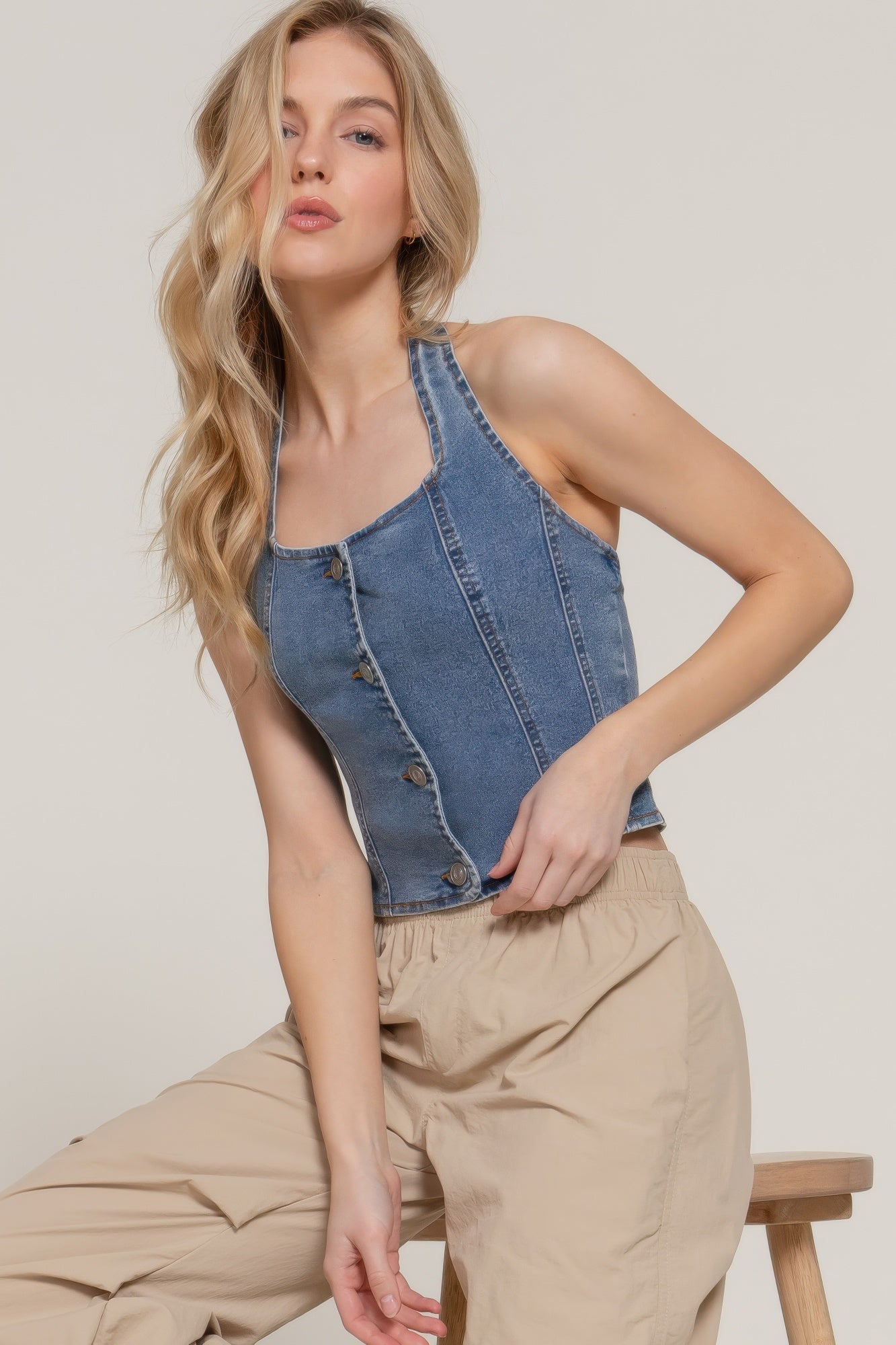 Button Down Stretch Denim Halter Top