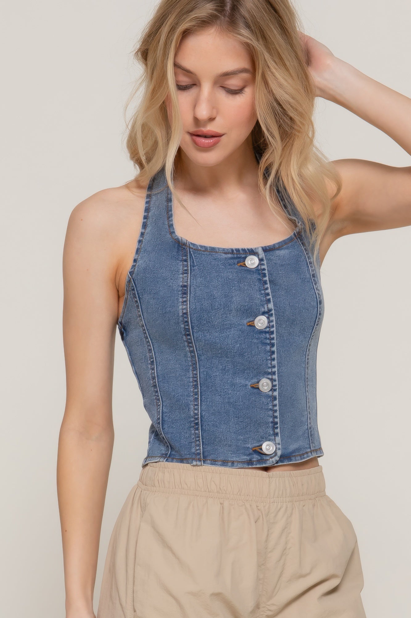 Button Down Stretch Denim Halter Top
