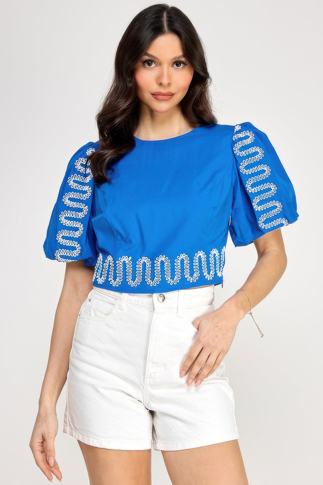 Puff Bubble Sleeve Top With Embroidery Detail L