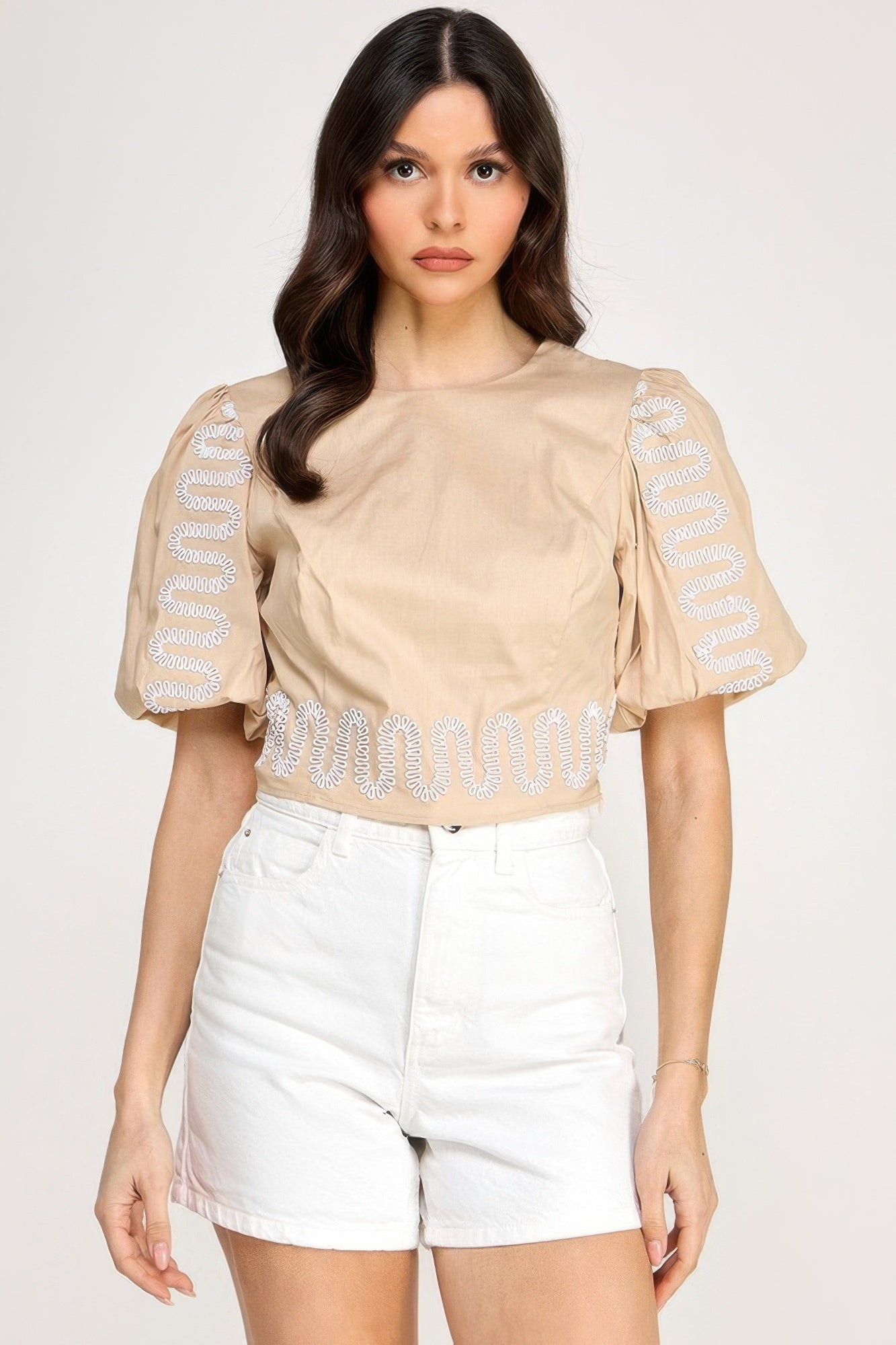Puff Bubble Sleeve Top With Embroidery Detail L