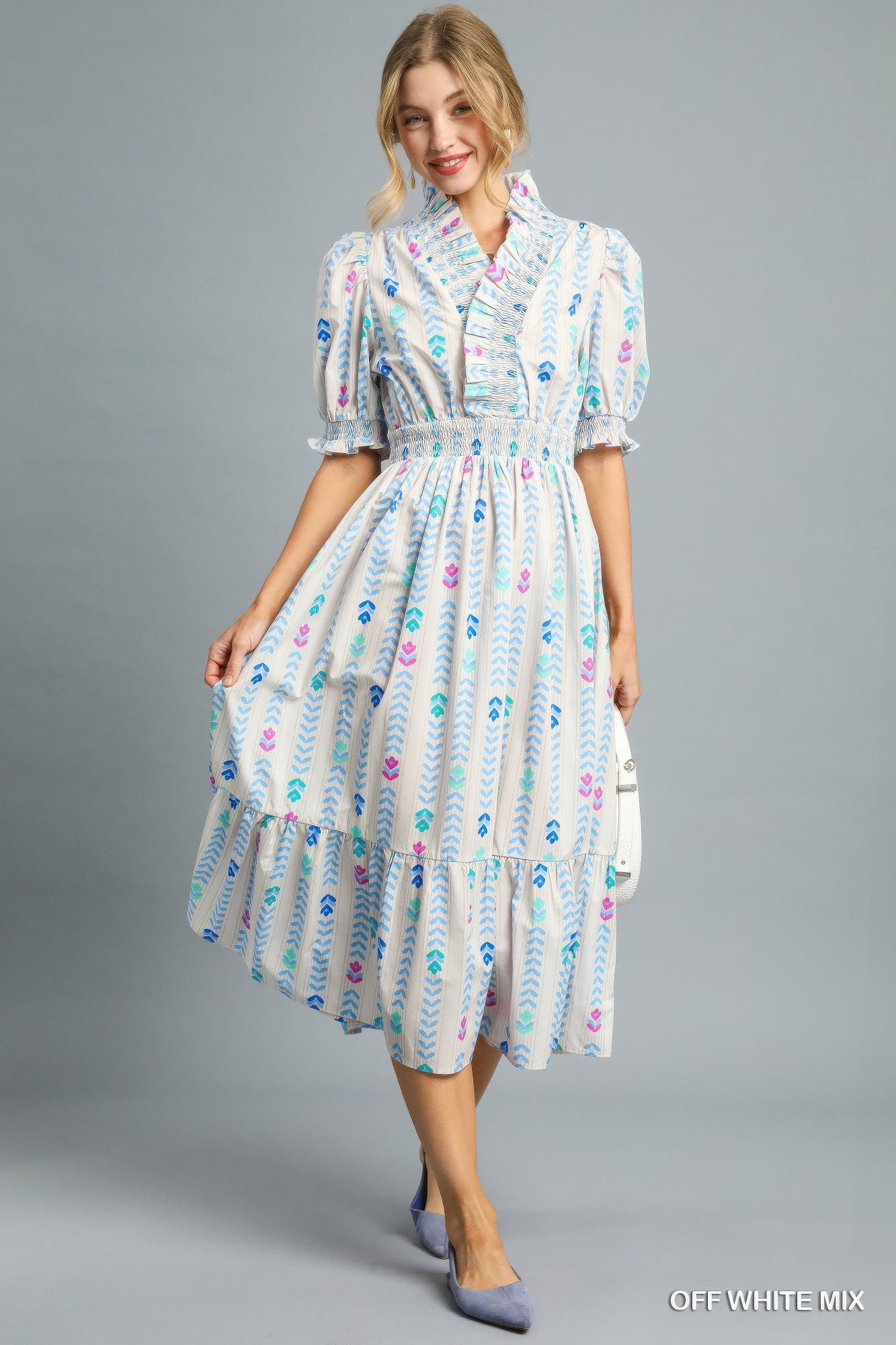 Vibrant Ruffle Smocked Midi Dress L
