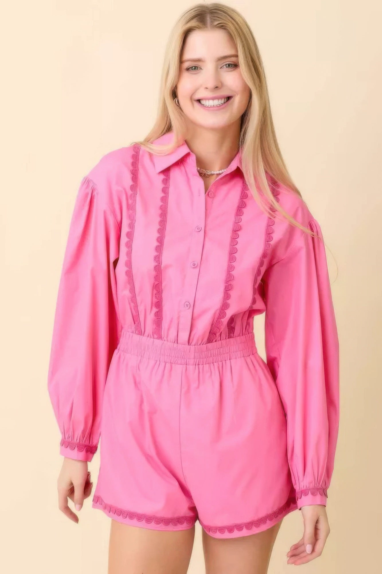 Long Sleeve Romper With Contrasting Scallop Lace L