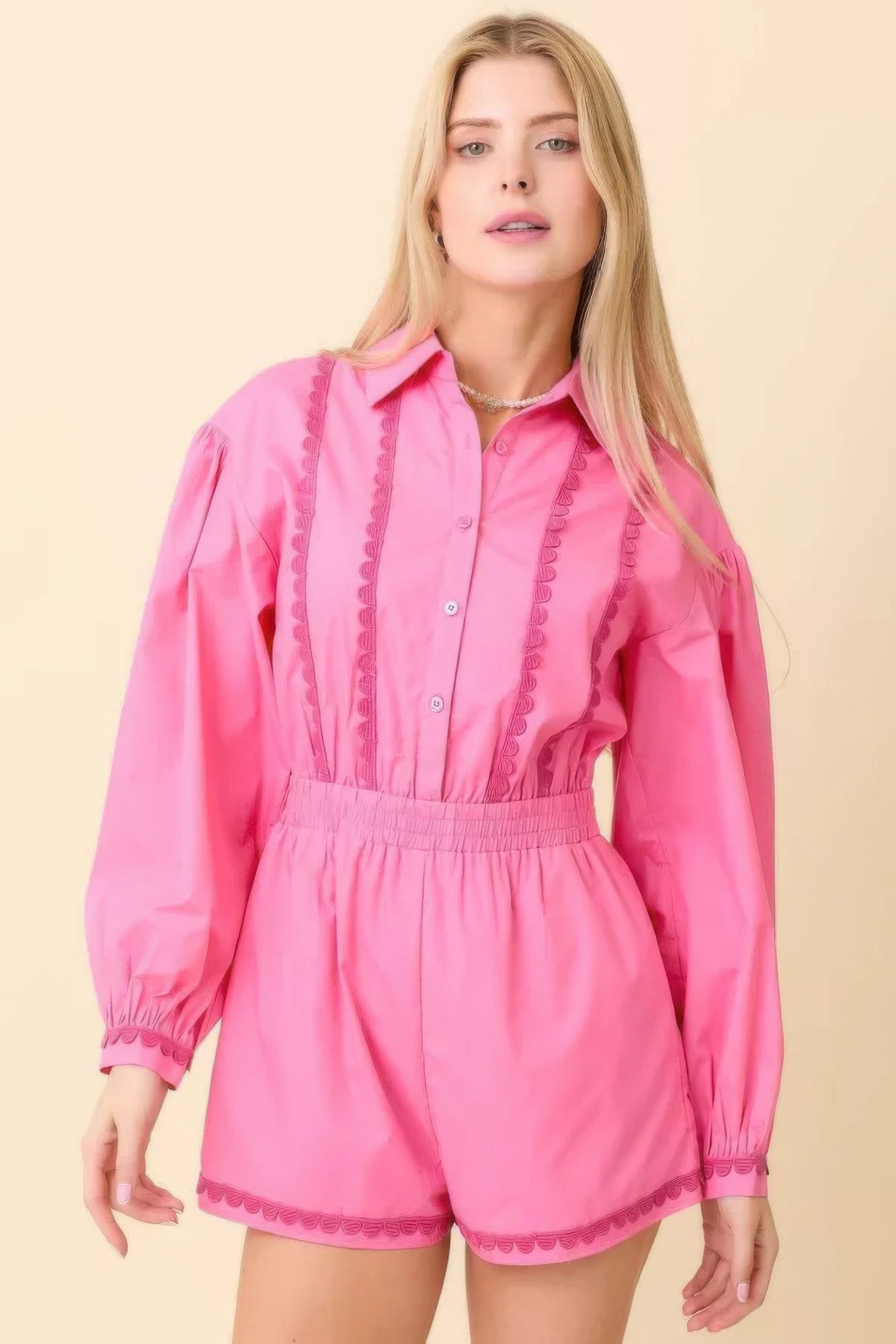 Long Sleeve Romper With Contrasting Scallop Lace