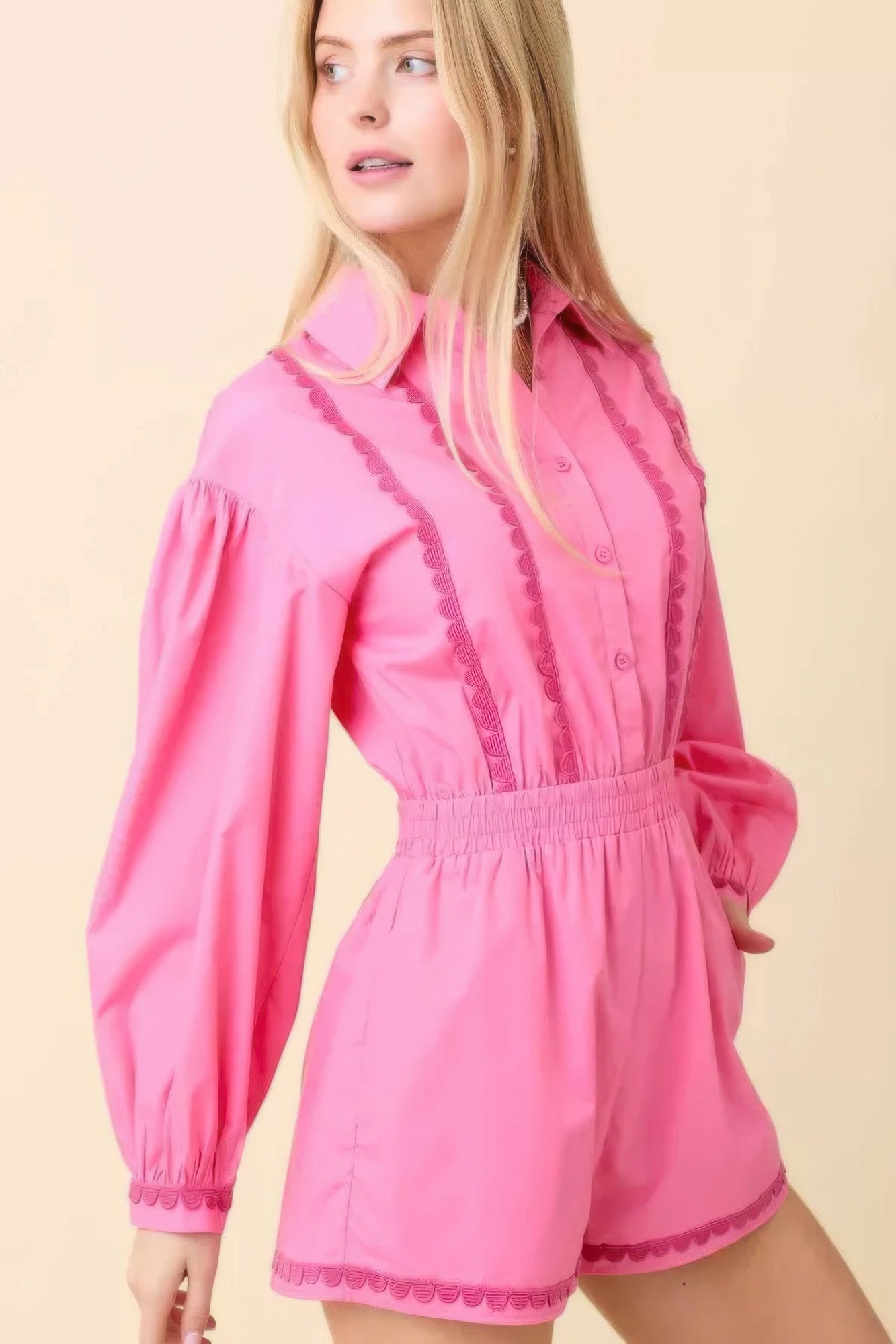 Long Sleeve Romper With Contrasting Scallop Lace