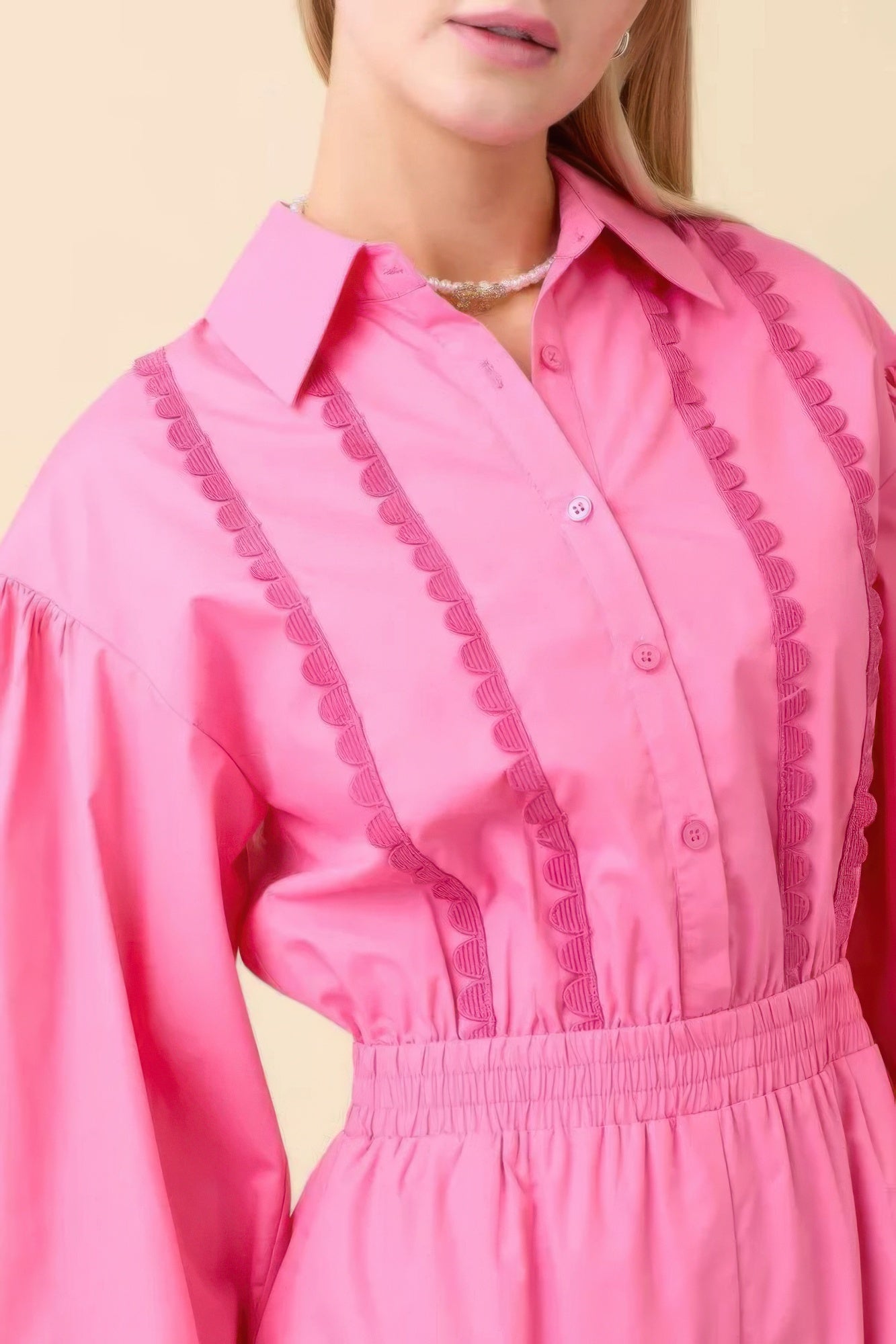 Long Sleeve Romper With Contrasting Scallop Lace