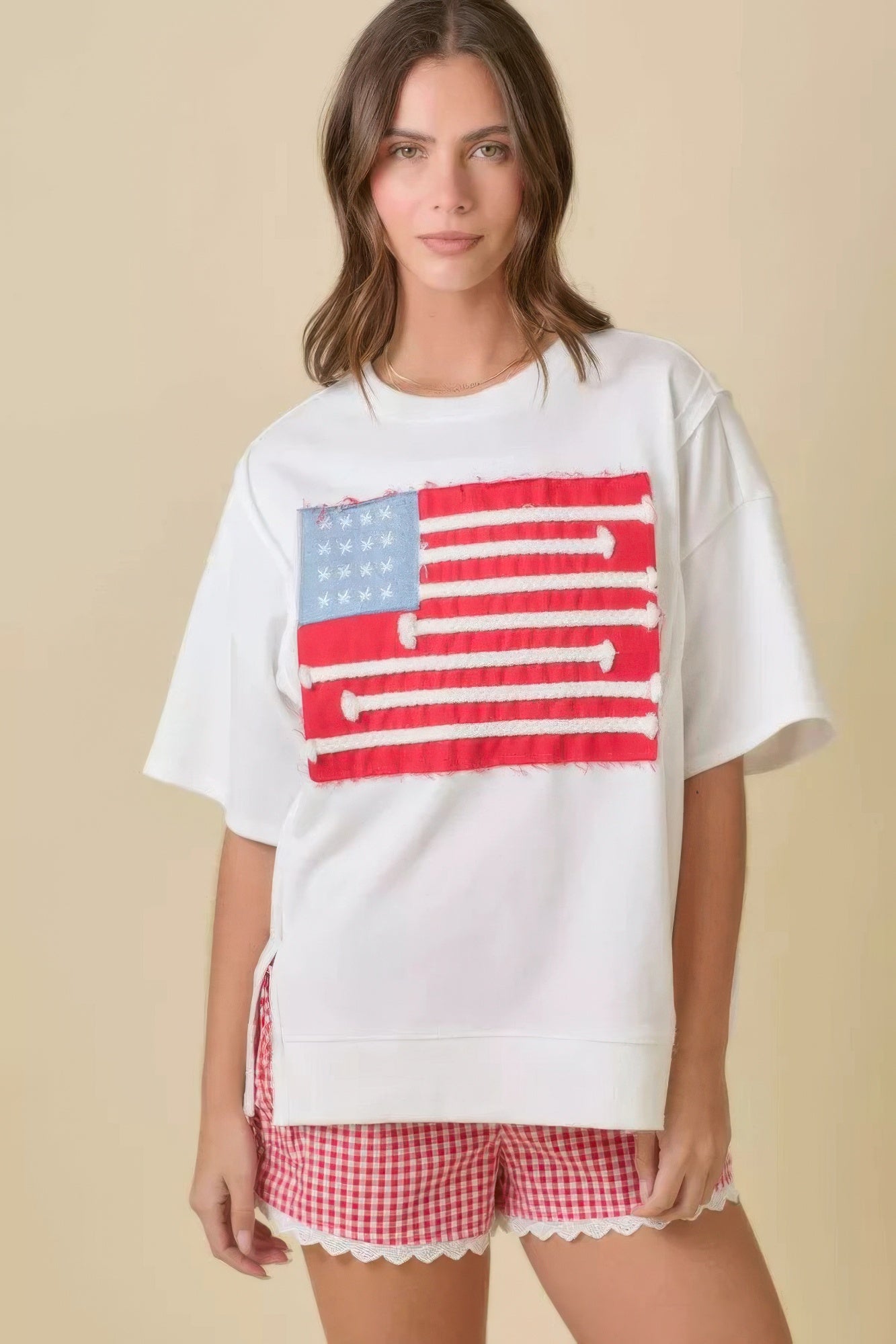 Boxy Wide Top With American Flag Patchwork L