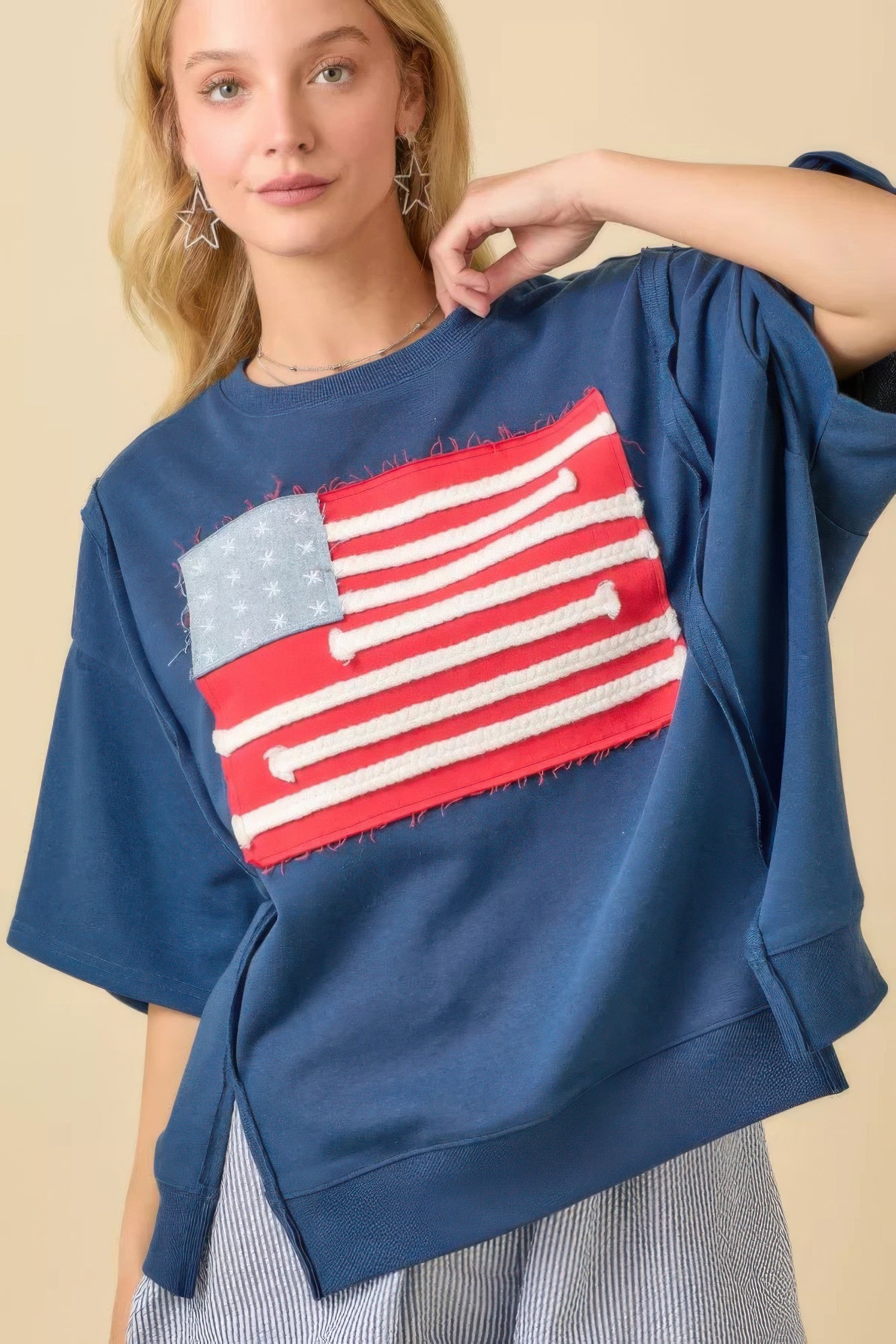 Boxy Wide Top With American Flag Patchwork L