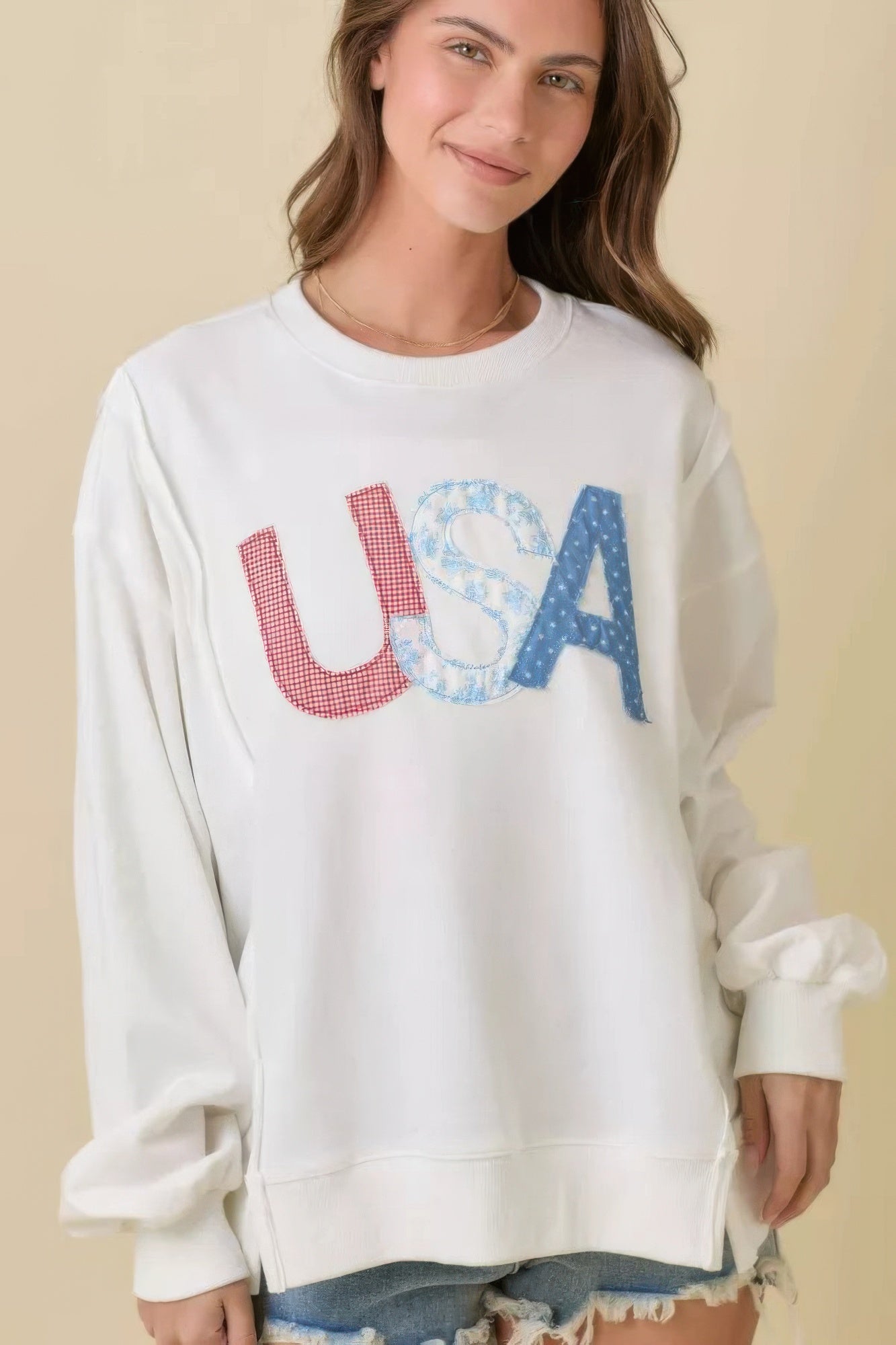 4th Of July Usa Patchwork Crewneck Long Sleeve Top L