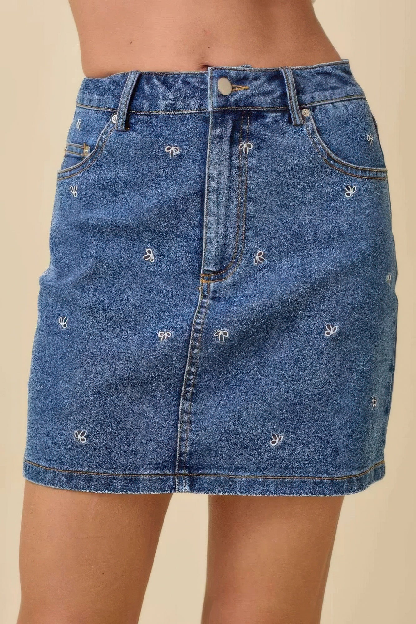 Mini Denim Skirt With All Over Ribbon Bow L
