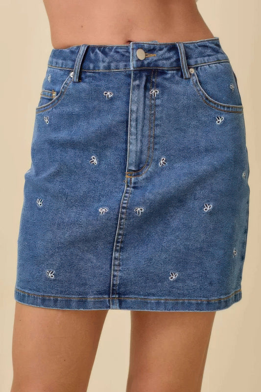 Mini Denim Skirt With All Over Ribbon Bow L