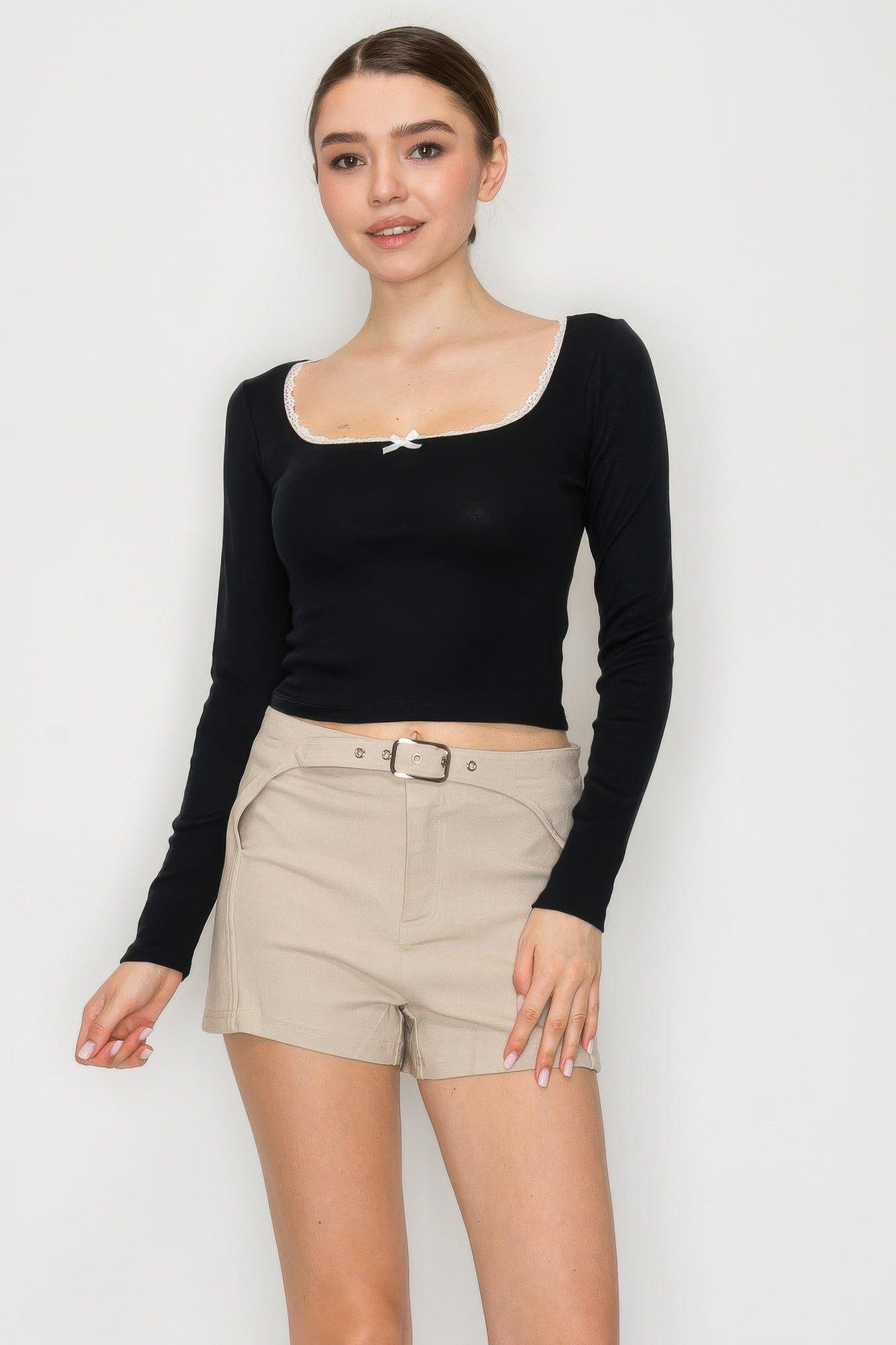 Lace Trim Square Long Sleeve Top L