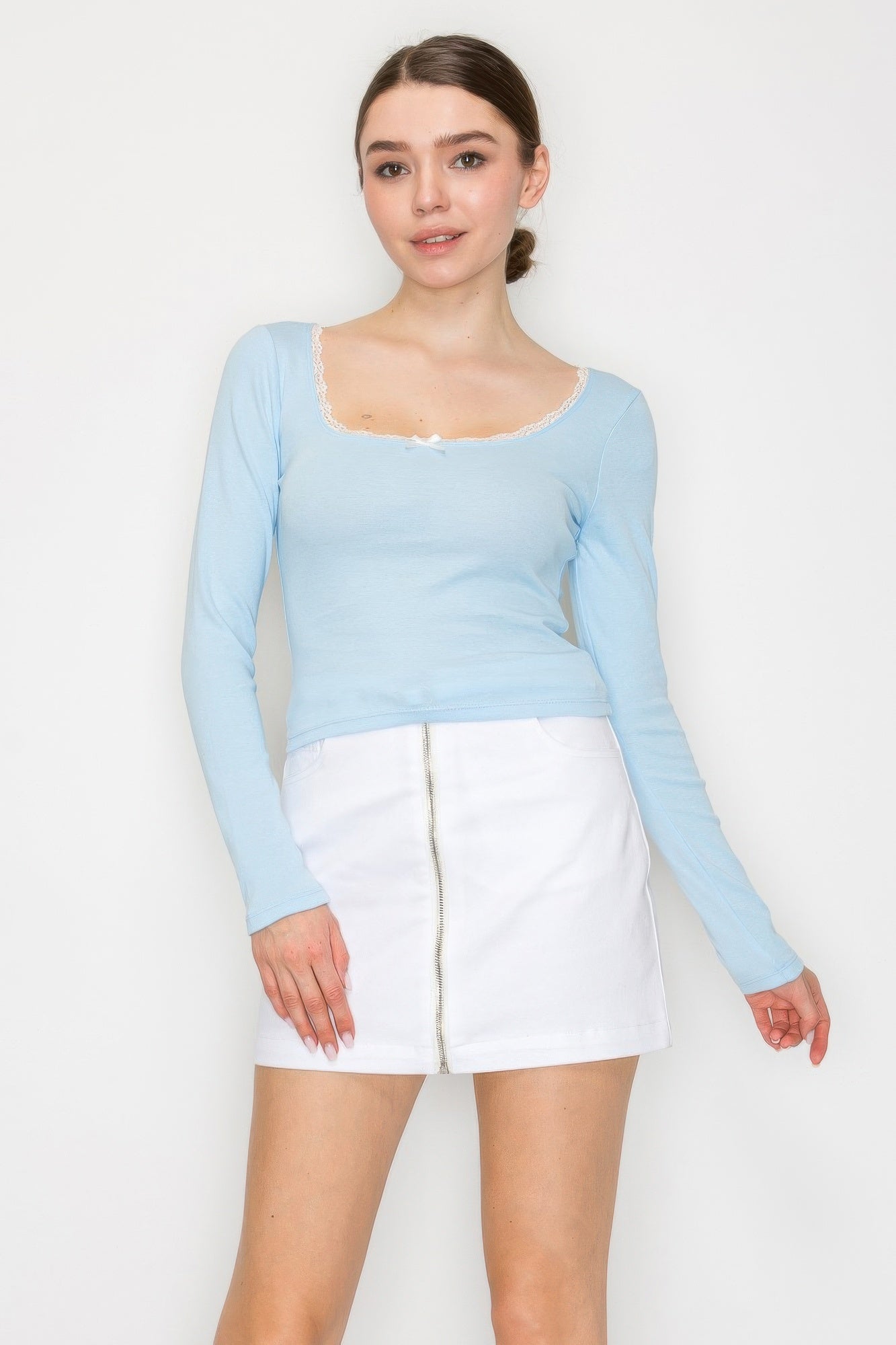 Lace Trim Square Long Sleeve Top L