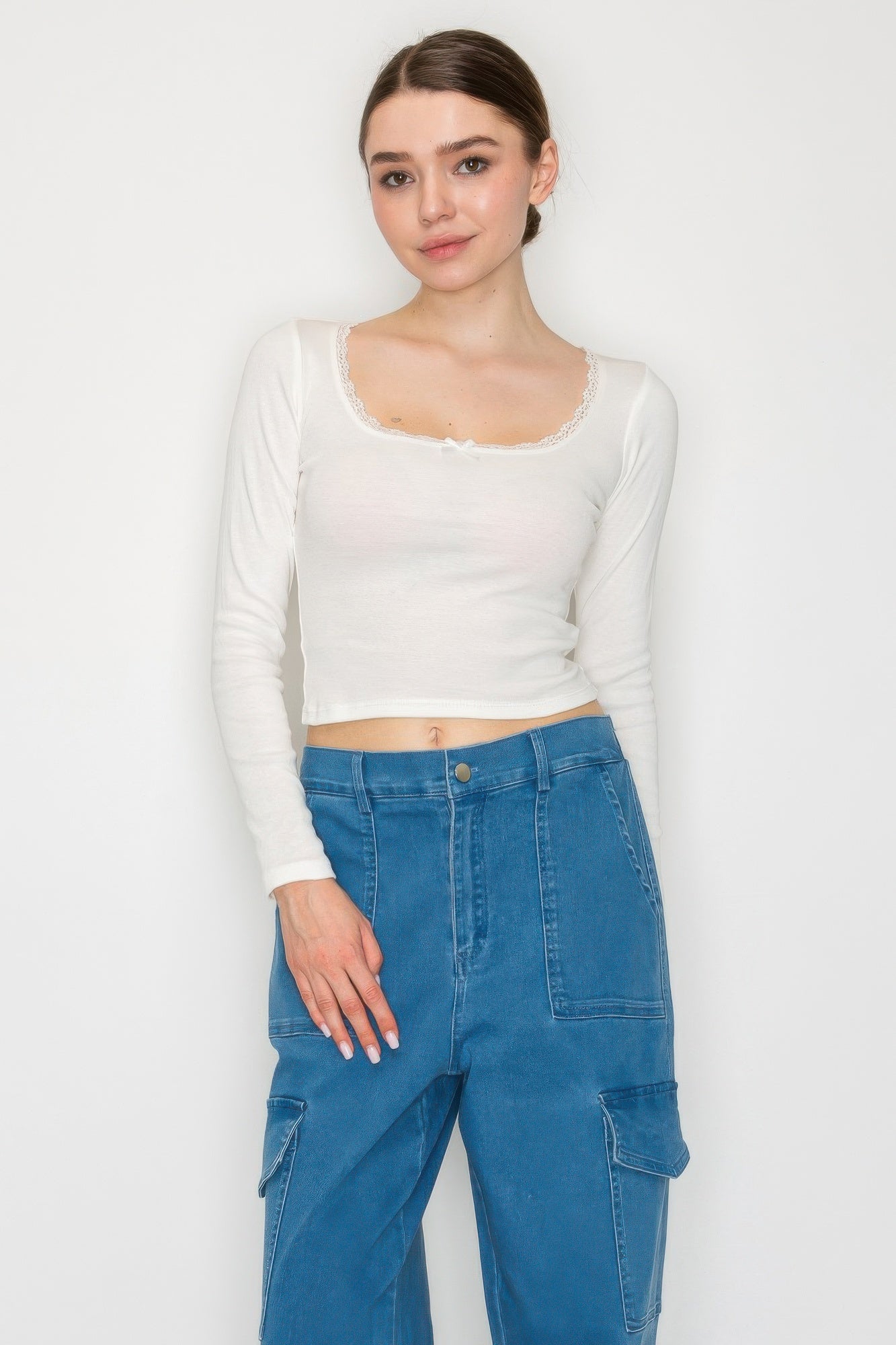 Lace Trim Square Long Sleeve Top L