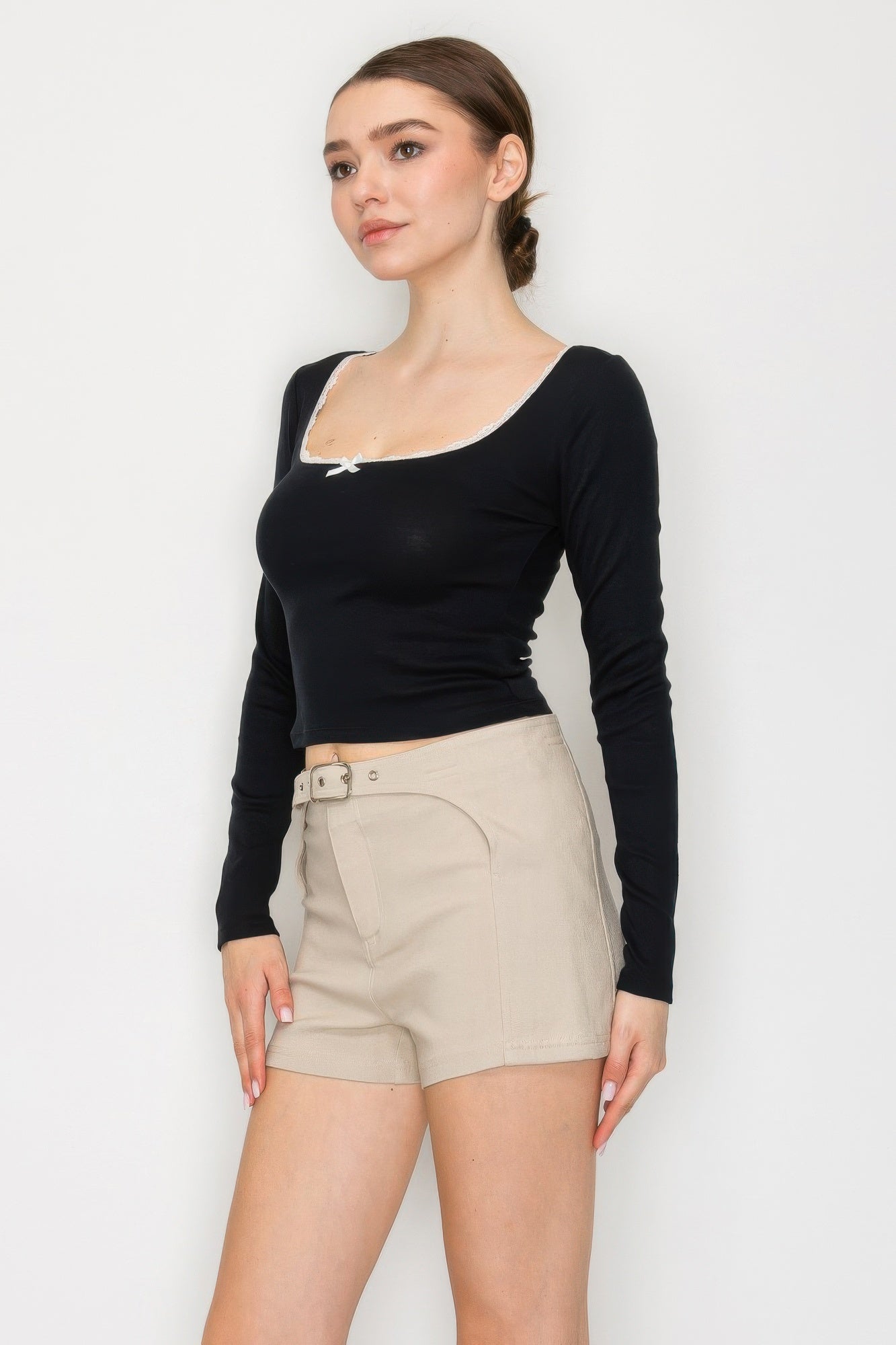 Lace Trim Square Long Sleeve Top