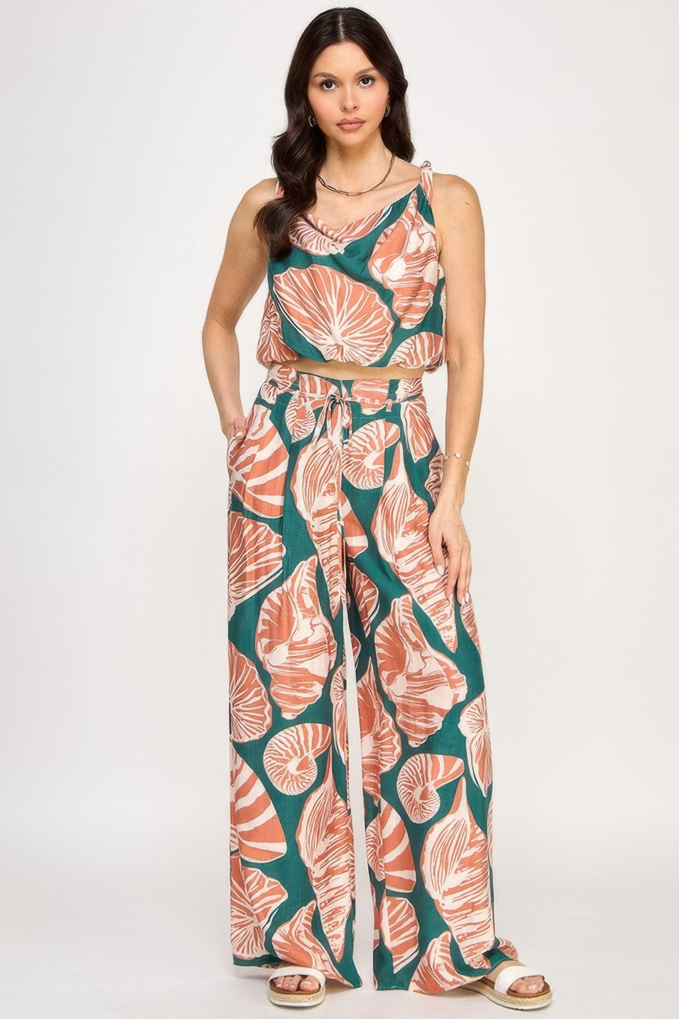 Printed Sleeveless Bubble Hem Top And Paper Bag Waist Pants Set L