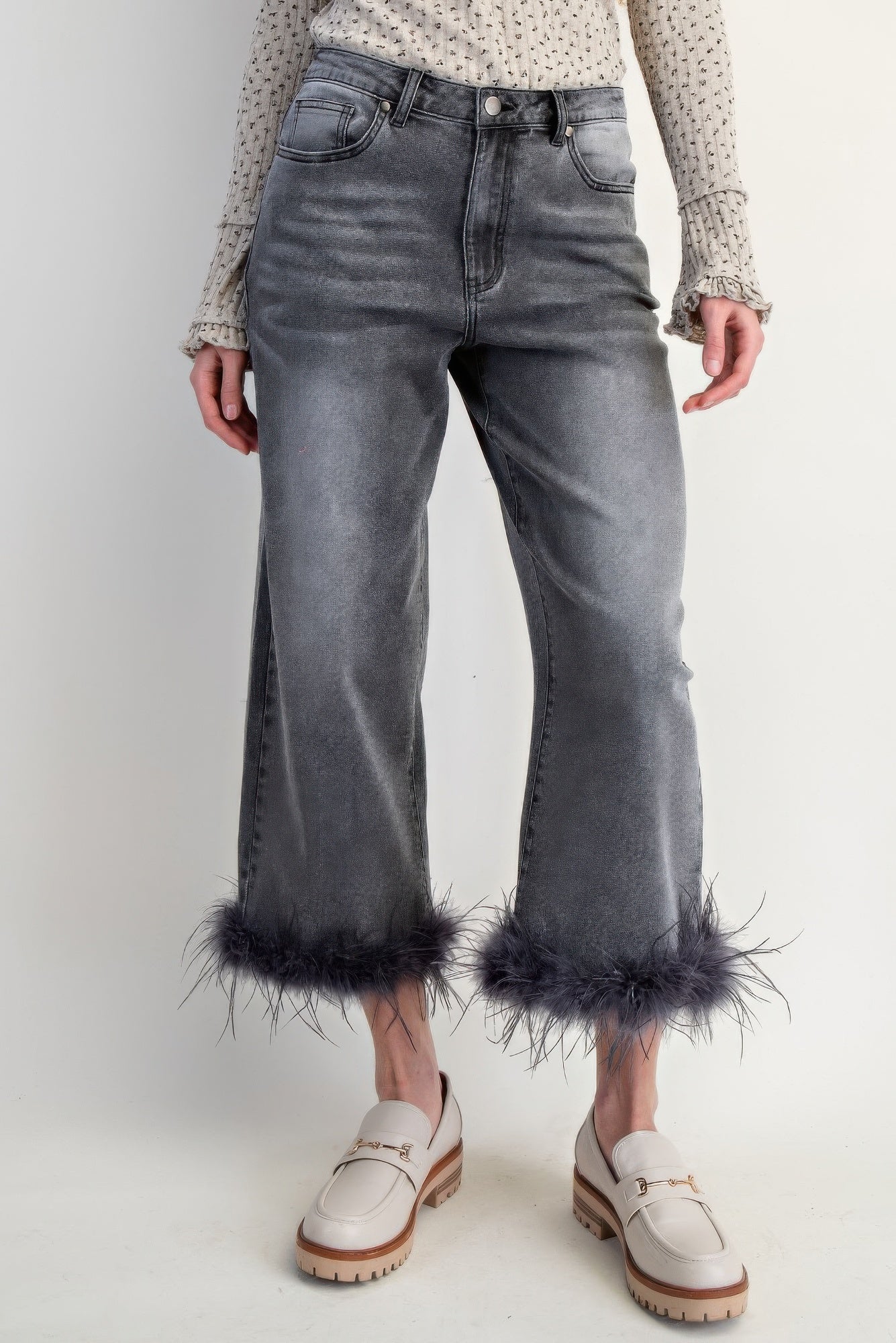 Fur Bottom Hem Washed Stretch Denim Pants L