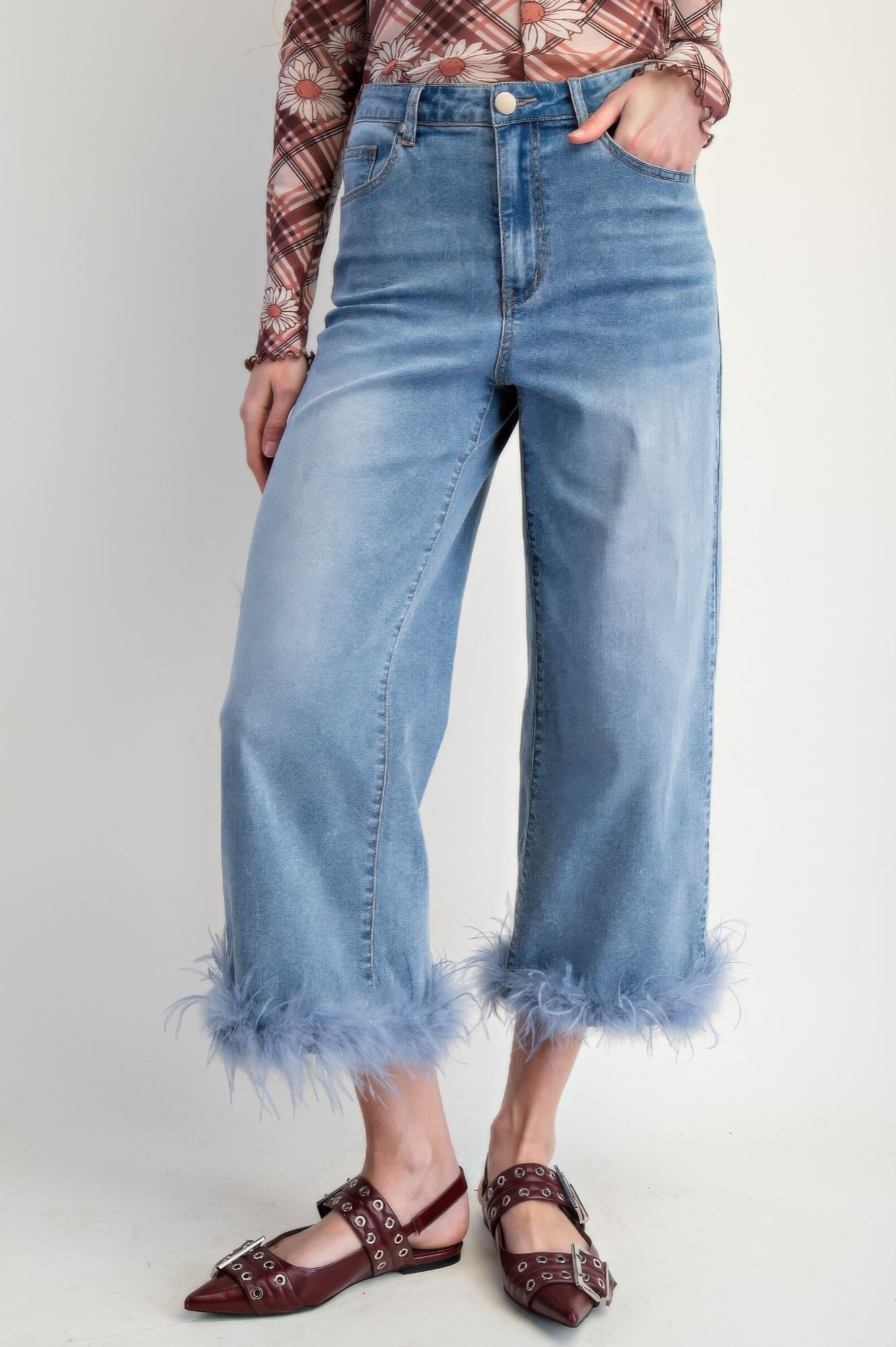Fur Bottom Hem Washed Stretch Denim Pants L