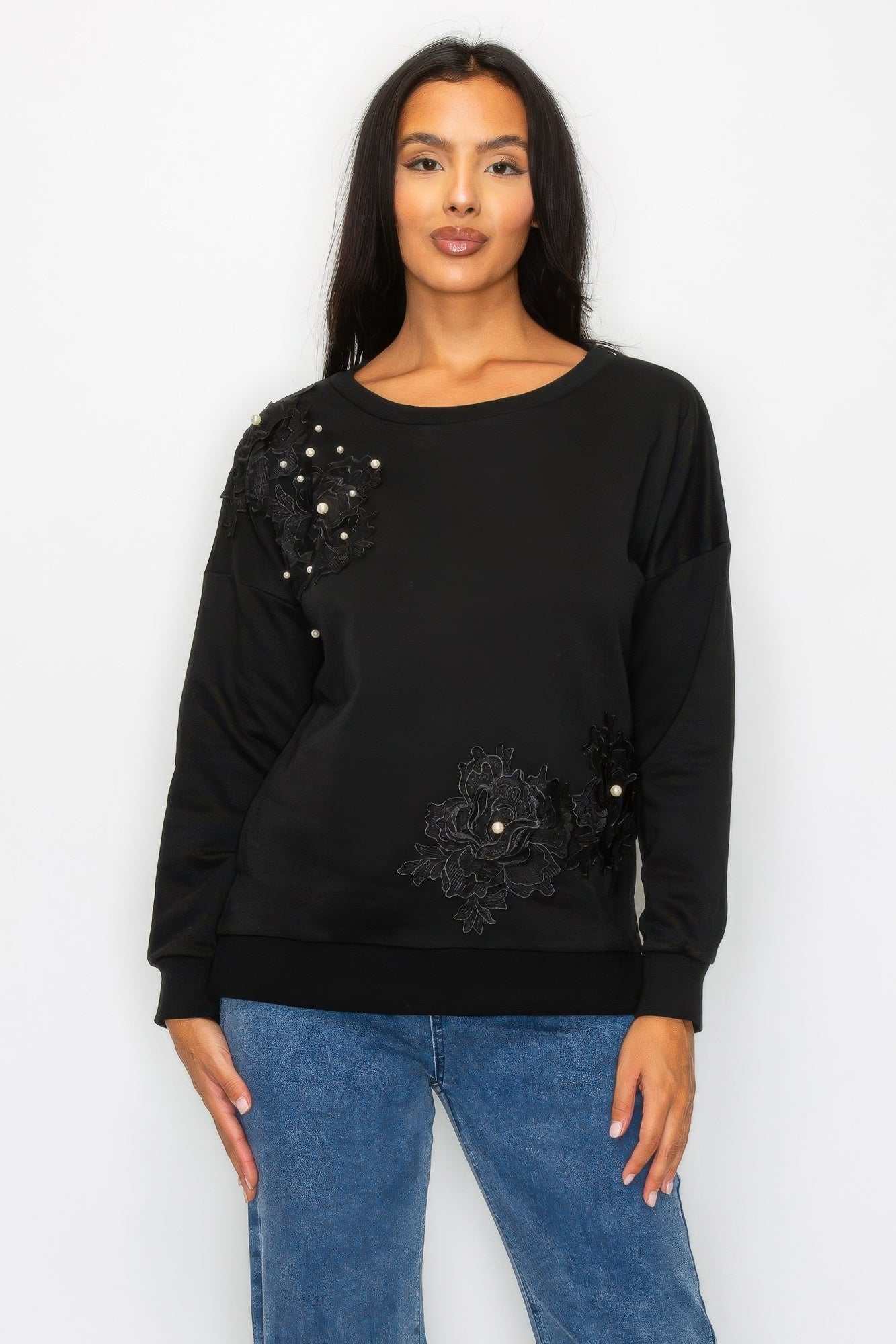 Faux Pearl Beaded Floral Patch Crewneck Sweatshirt L