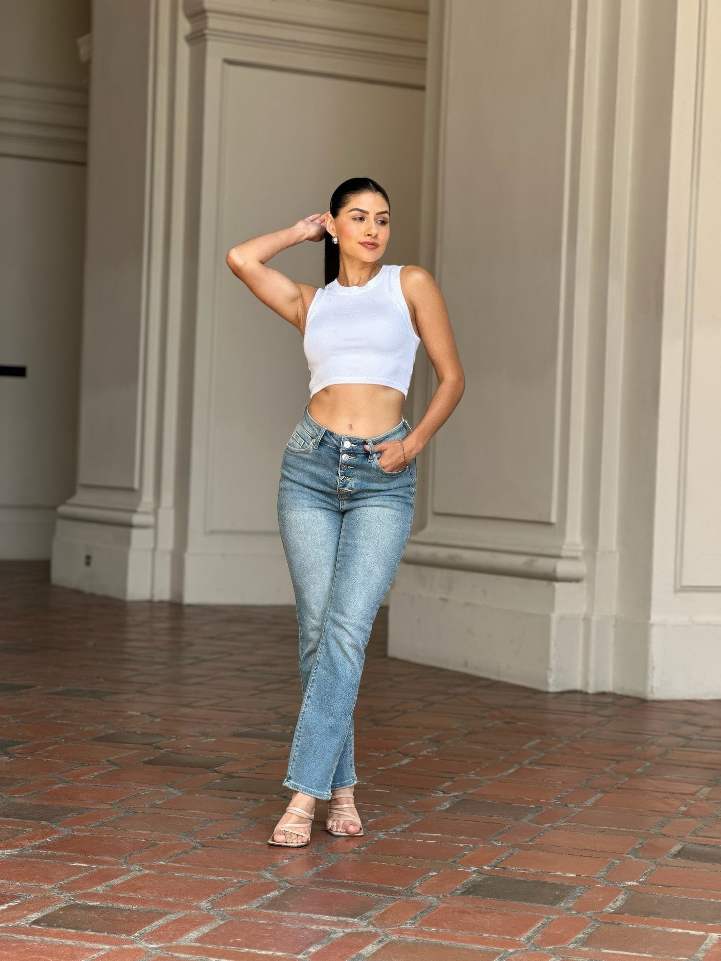 High Rise Cigarette Button Fly Straight Denim Jean