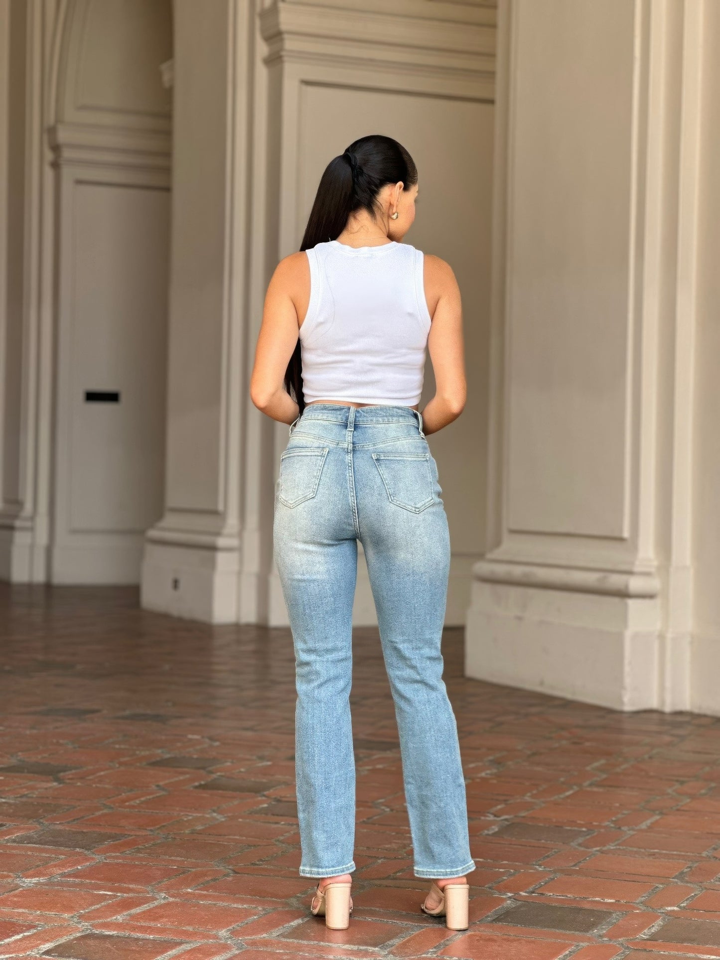 High Rise Cigarette Button Fly Straight Denim Jean