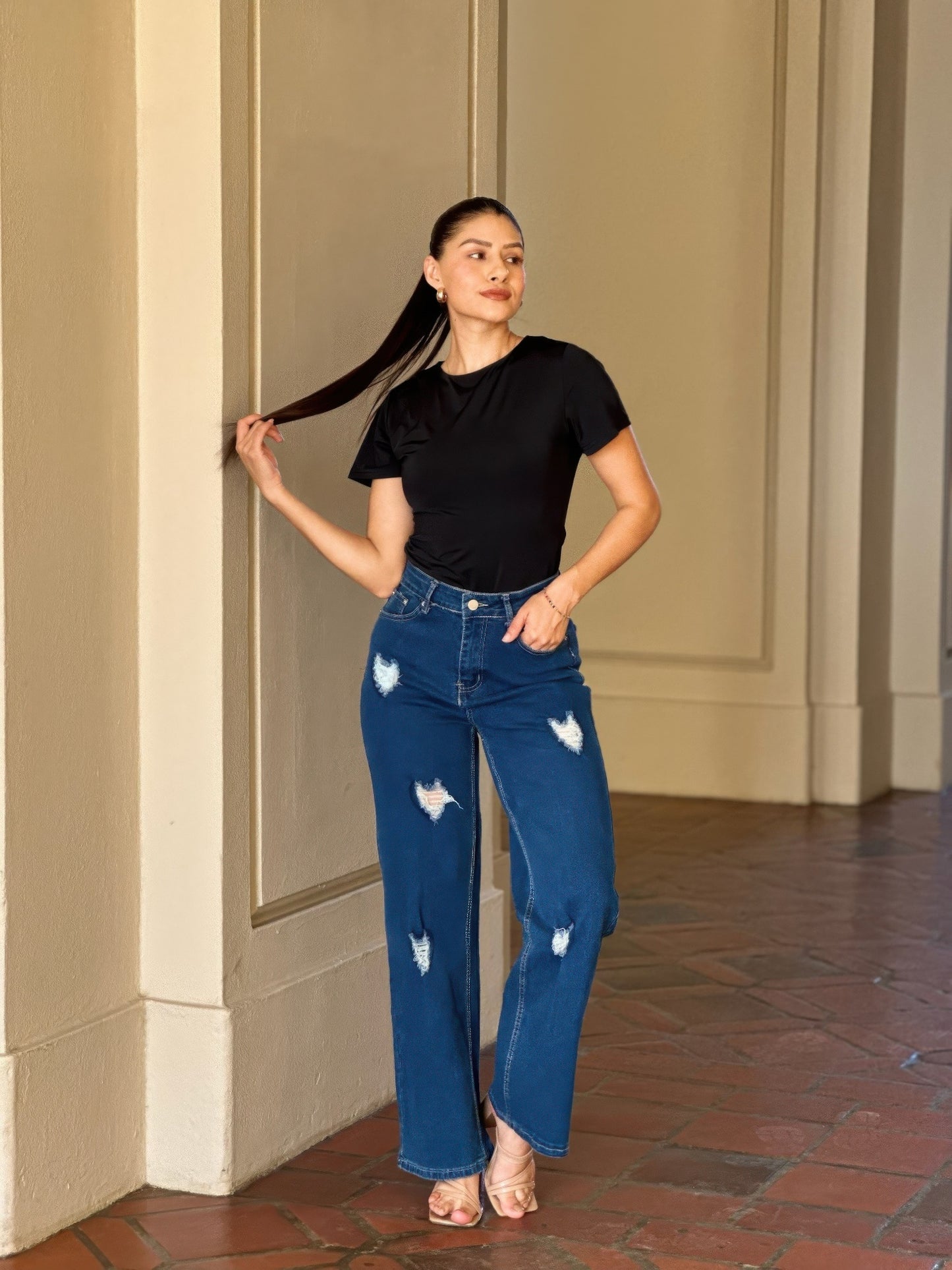 Embroidered Distressed Heart Wide Leg Denim Jean