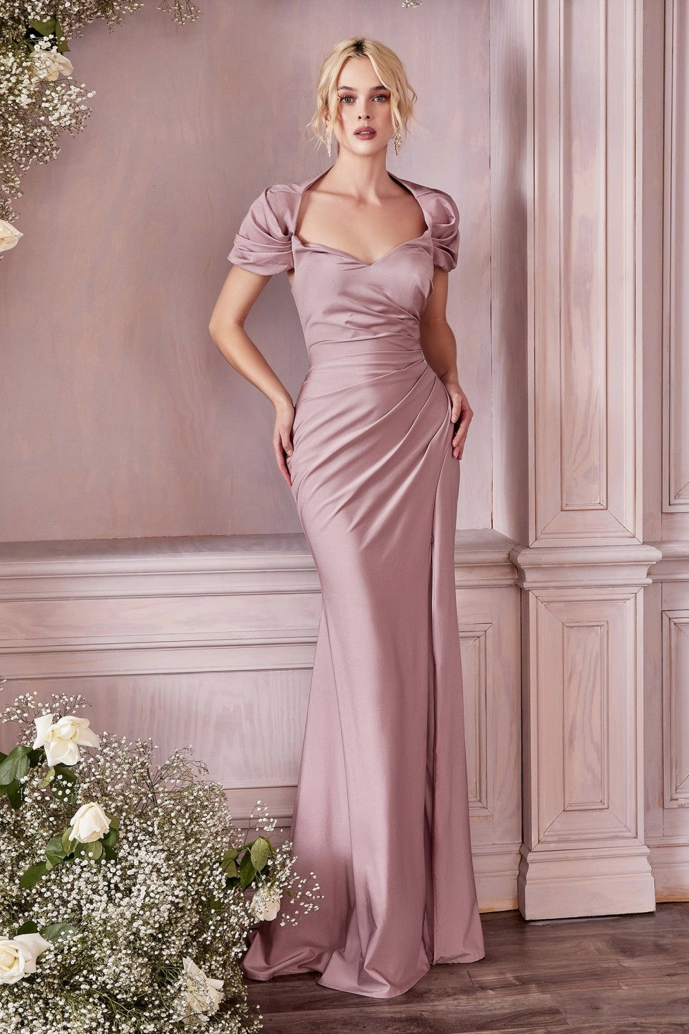 Cap Sleeve Shawl Sweetheart Bodice Wrapped Color Fitted Gala & Bridesmaid Dress Formal Mother of Bride Gown Sexy Leg Slit CDKV1061 Elsy Style Prom Dress