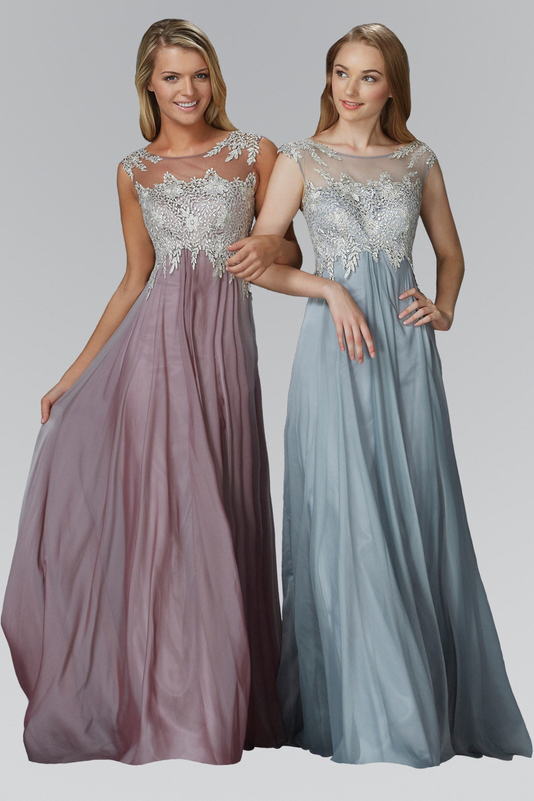 Chiffon Long Dress with Lace Embellished Bodice and Sheer Neckline GLGL2098 Elsy Style PROM