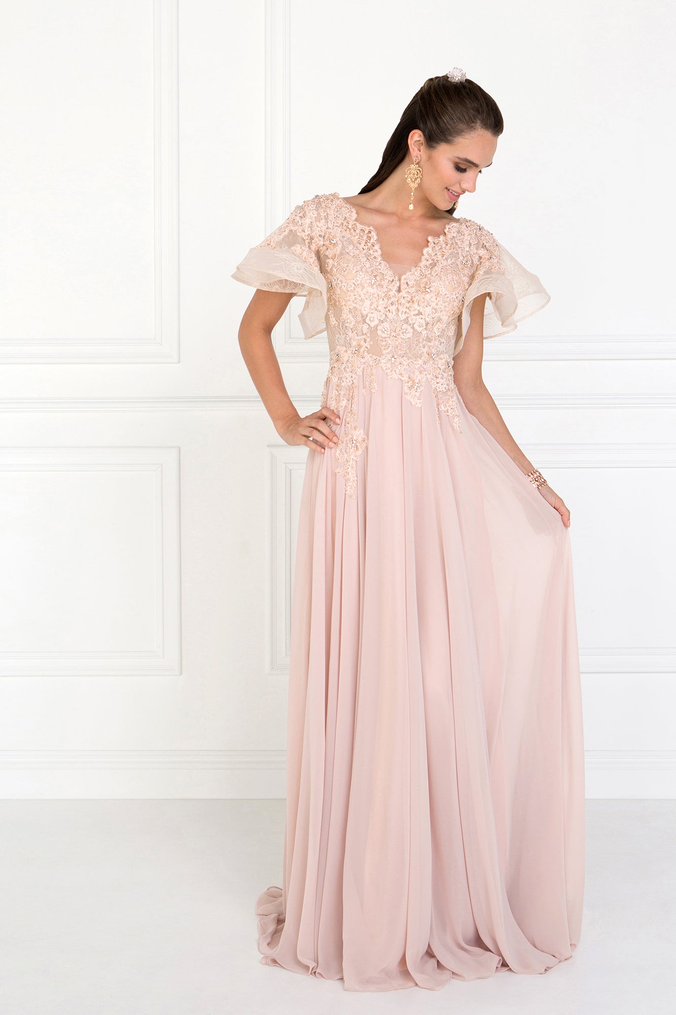 Chiffon Wide V-Neck A-Line Long Dress with Ruffled Short Sleeves GLGL1587 Elsy Style PROM