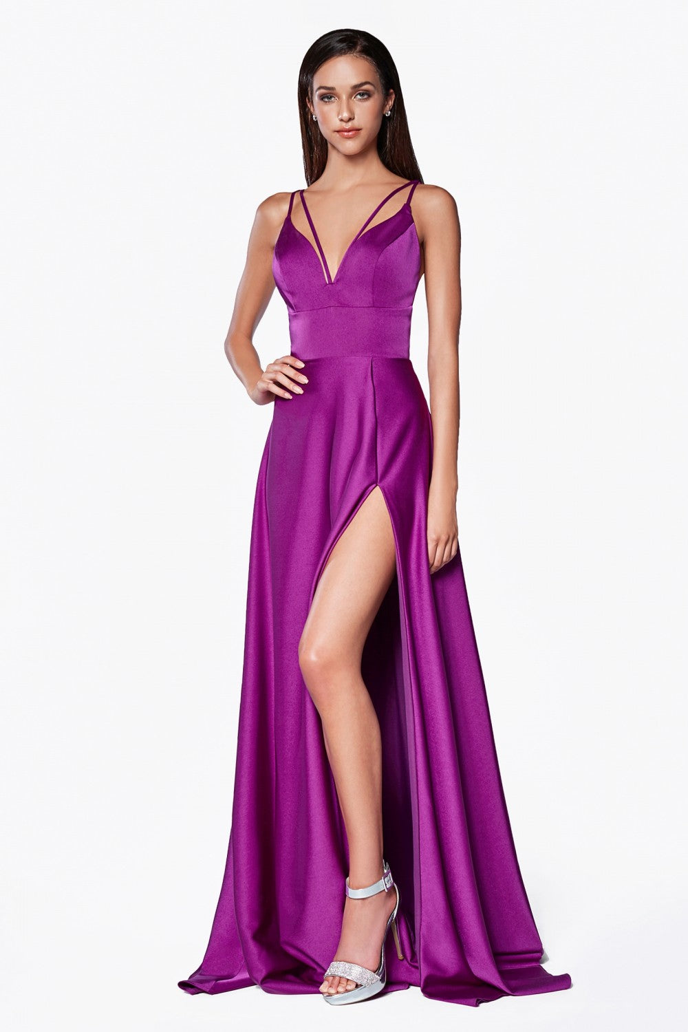Classic A-line Ball & Prom Gown V-neckline Open Back Bodice with Double Criss Cross Straps Reckless High Leg Slit CDCS034 Elsy Style Evening Dress