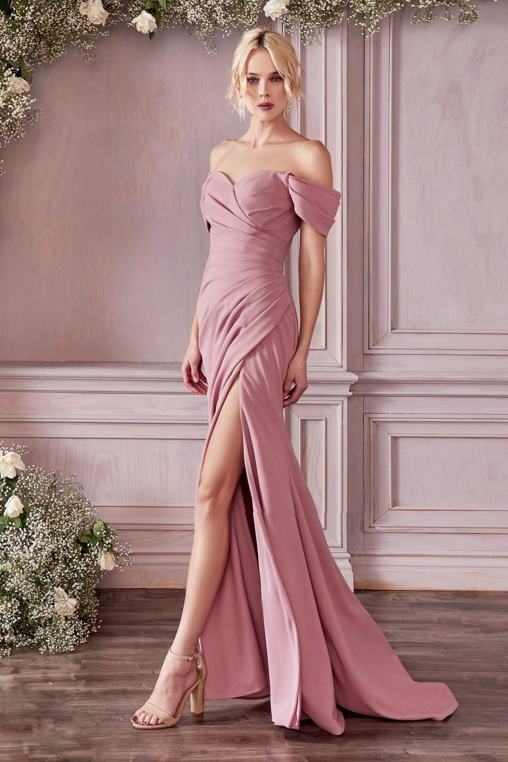 Crepe Off the Shoulder Dress Formal Prom Dress with a Leg Slit & Thin Straps CDKV1057 Elsy Style Evening Dress