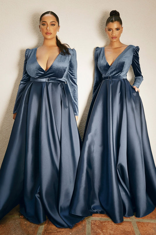 Curve Ball & Prom Gala Luxury Gown Long sleeves V-neck Fitted Bodice A-line Evening Bridesmaid Trendy Plus Size Dress CDCD226C Elsy Style Bridesmaid Dress