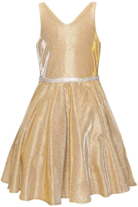 Cute Metallic V-Neck Pocket Rhinestone Belt Waistline Short Kids Dress CU8013 Elsy Style Kids Dress