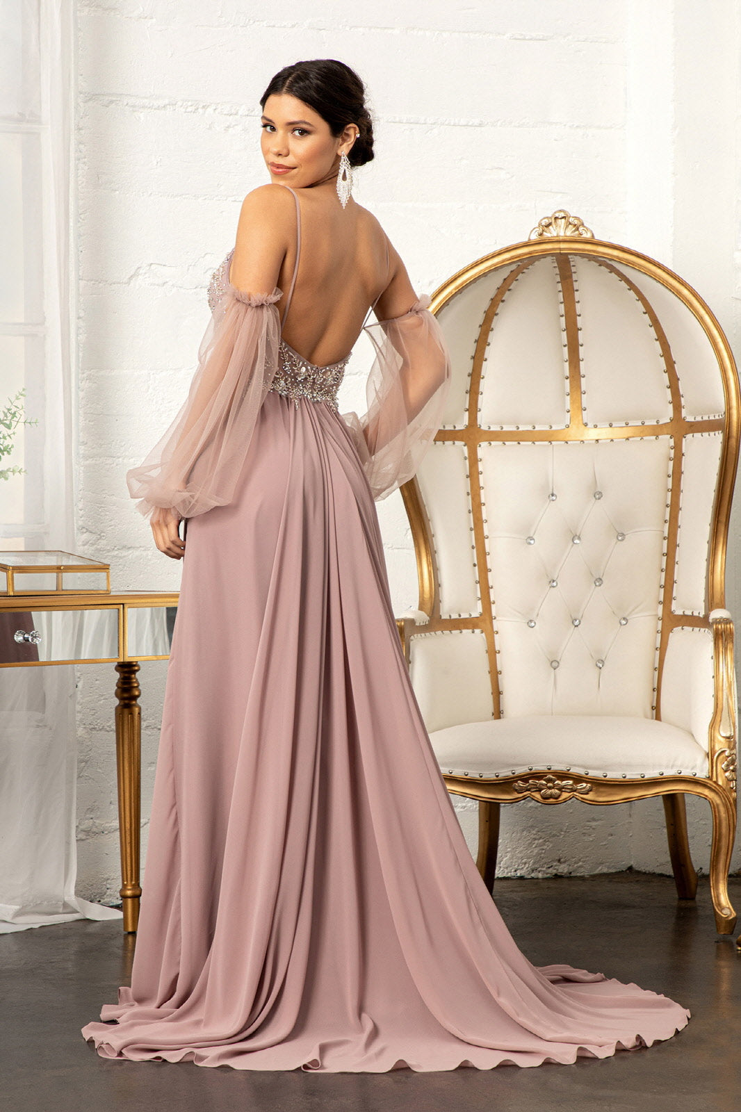 Detachable Mesh Sleeve V-Neck Chiffon Prom Dress GLGL3005 Elsy Style PROM