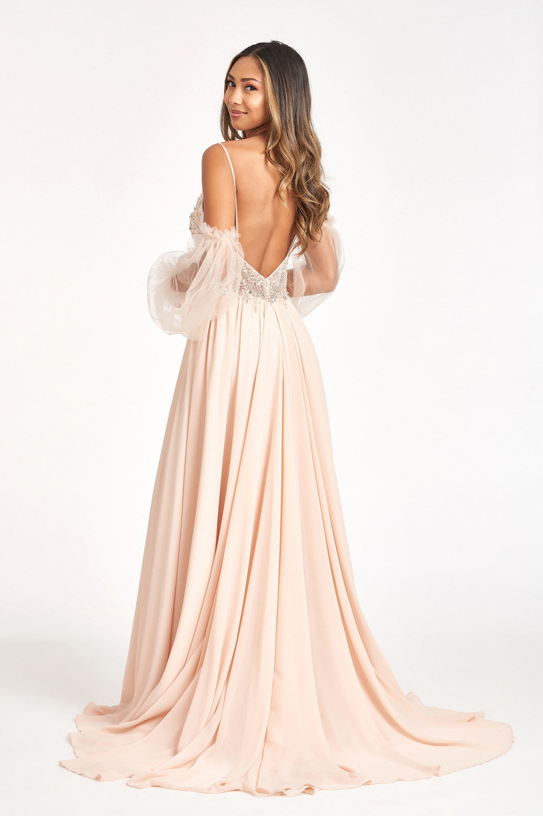 Detachable Mesh Sleeve V-Neck Chiffon Prom Dress GLGL3005 Elsy Style PROM