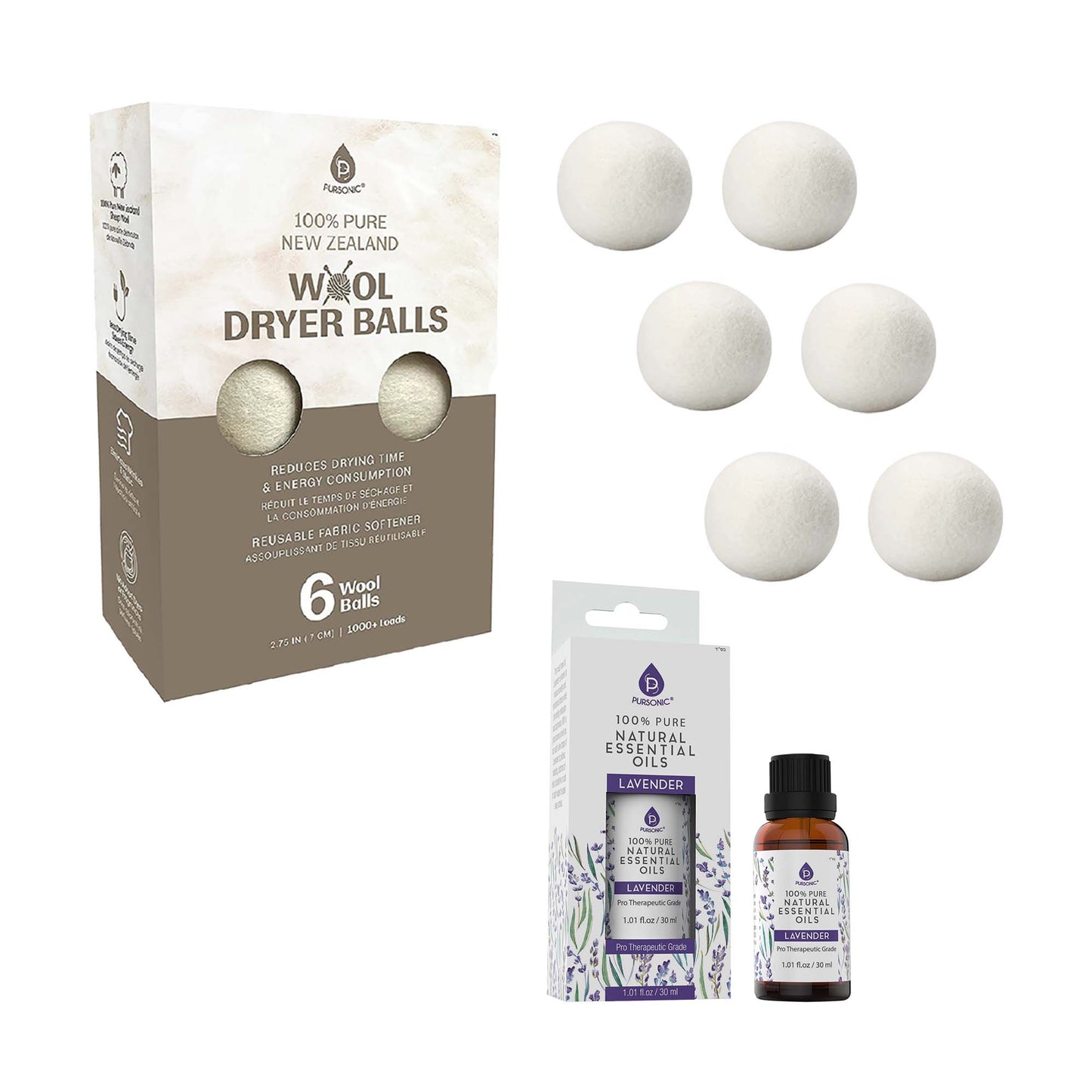 Pursonic Laundry Care Bundle – Wool Dryer Balls & Essential Oil Set