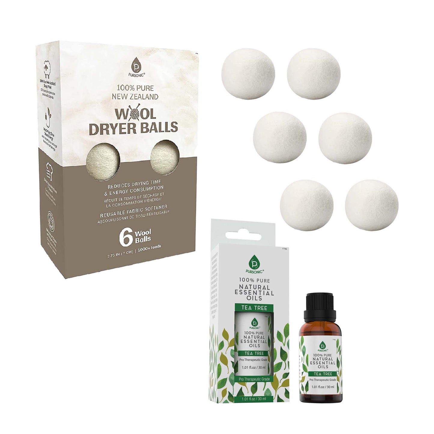 Pursonic Laundry Care Bundle – Wool Dryer Balls & Essential Oil Set