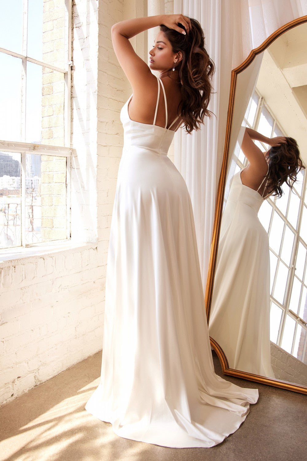 Effortless Classic A-line Bridal Gown Modern Trendy Wedding Ceremony Look Plunging V-neck Open Back Bodice Satin Dress CDCD903W Sale Elsy Style Wedding Dresses