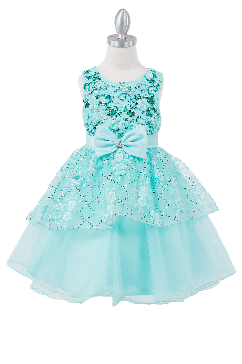 Elegant Sleeveless Sequin Top Ribbon Waistline Layered Skirt Kids Dress CU9131 Elsy Style Ball Gown