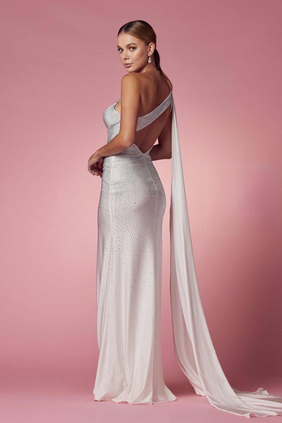Embellished Jewel One Shoulder High Slit Long Wedding Dress NXE1039W Elsy Style Wedding Dress