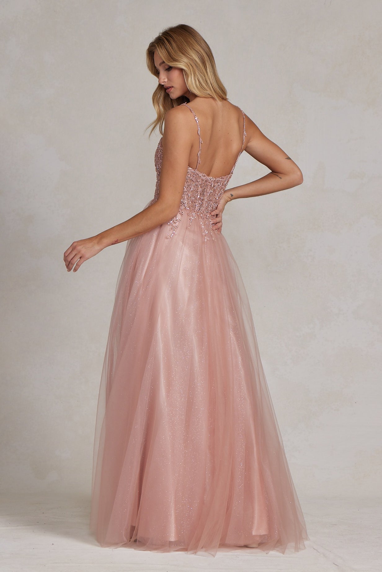 Embroidered Beads Tulle Skirt Open Back Long Prom Dress NXF1086 Elsy Style Prom Dress