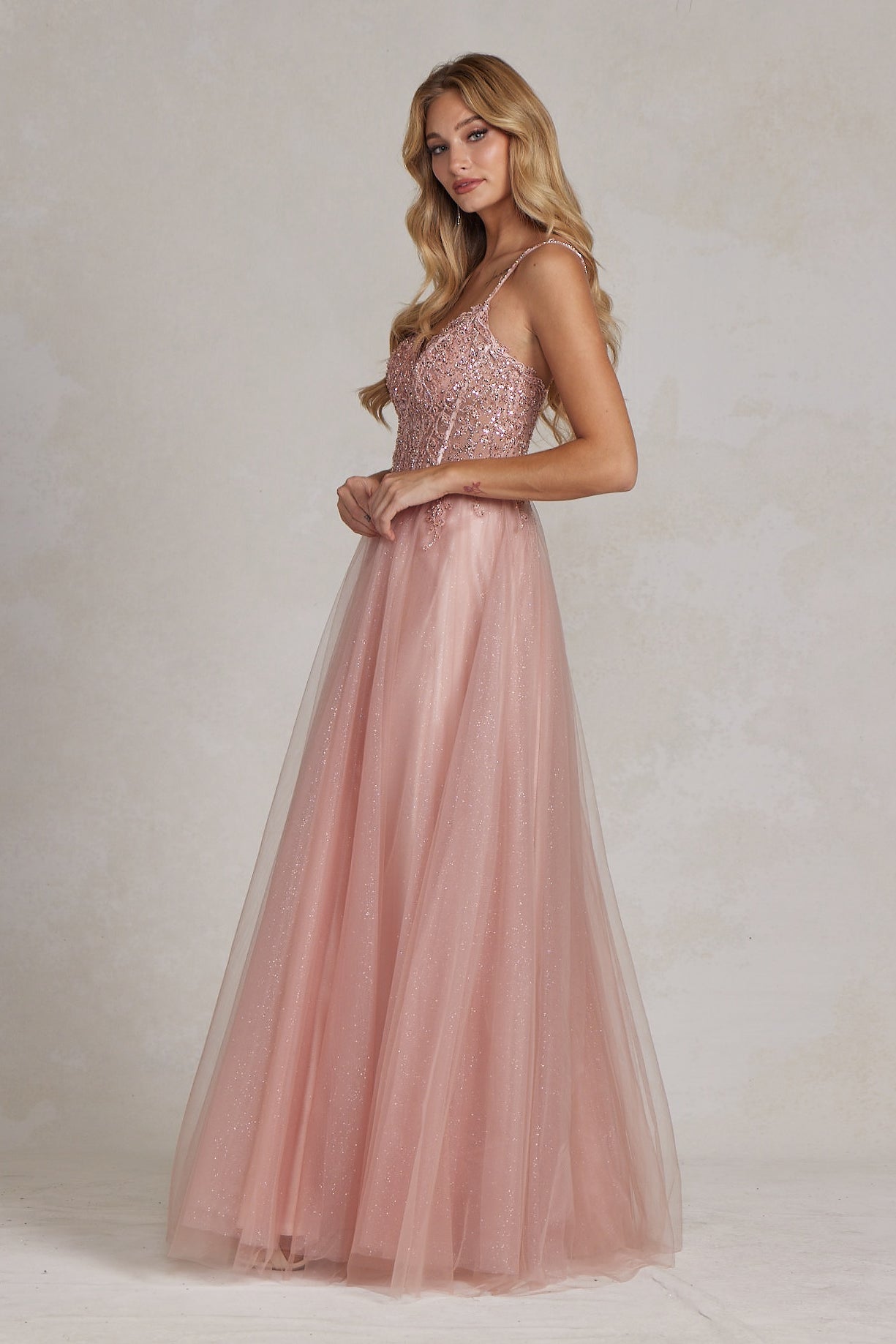 Embroidered Beads Tulle Skirt Open Back Long Prom Dress NXF1086 Elsy Style Prom Dress