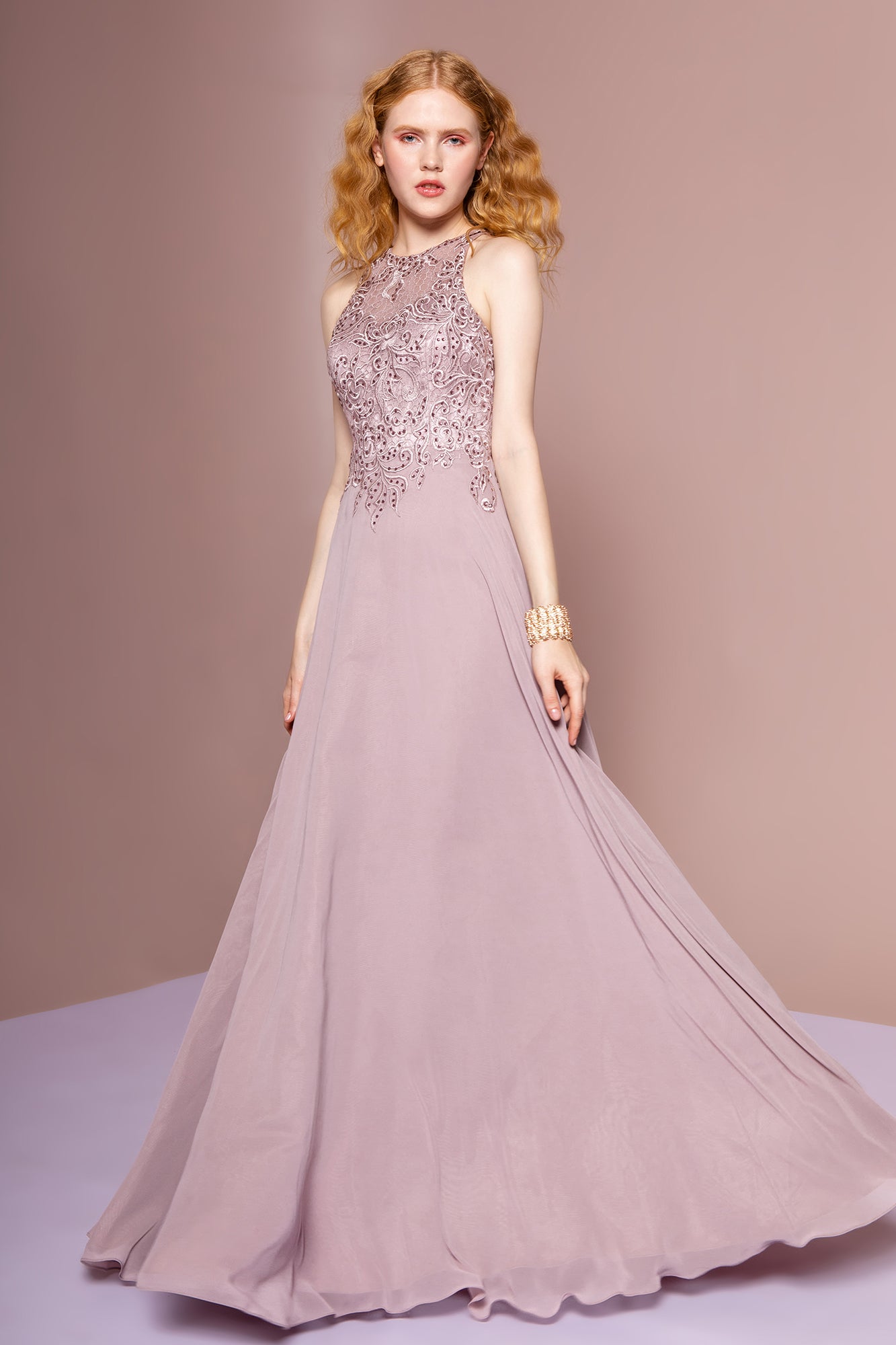 Embroidered Bodice Chiffon A-Line Long Dress GLGL2680 Elsy Style PROM