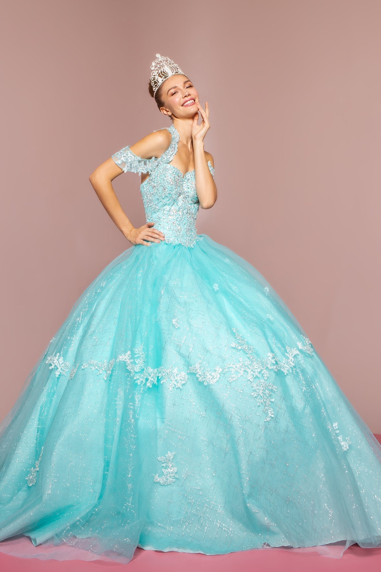 Embroidered Bodice Glitter Mesh Quinceanera Dress GLGL2602 Elsy Style QUINCEANERA