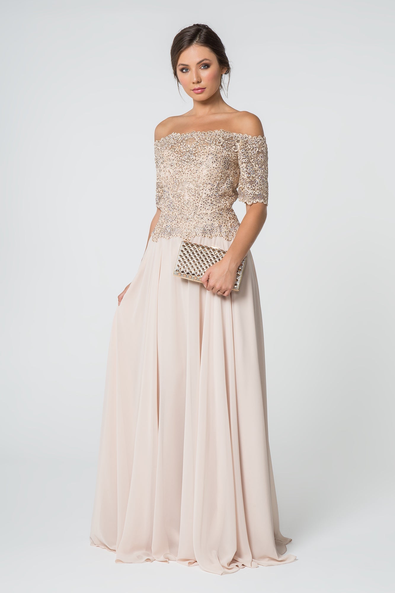 Embroidered Bodice Off-the-Shoulder Chiffon Long Dress GLGL2525 Elsy Style MOTHER OF BRIDE