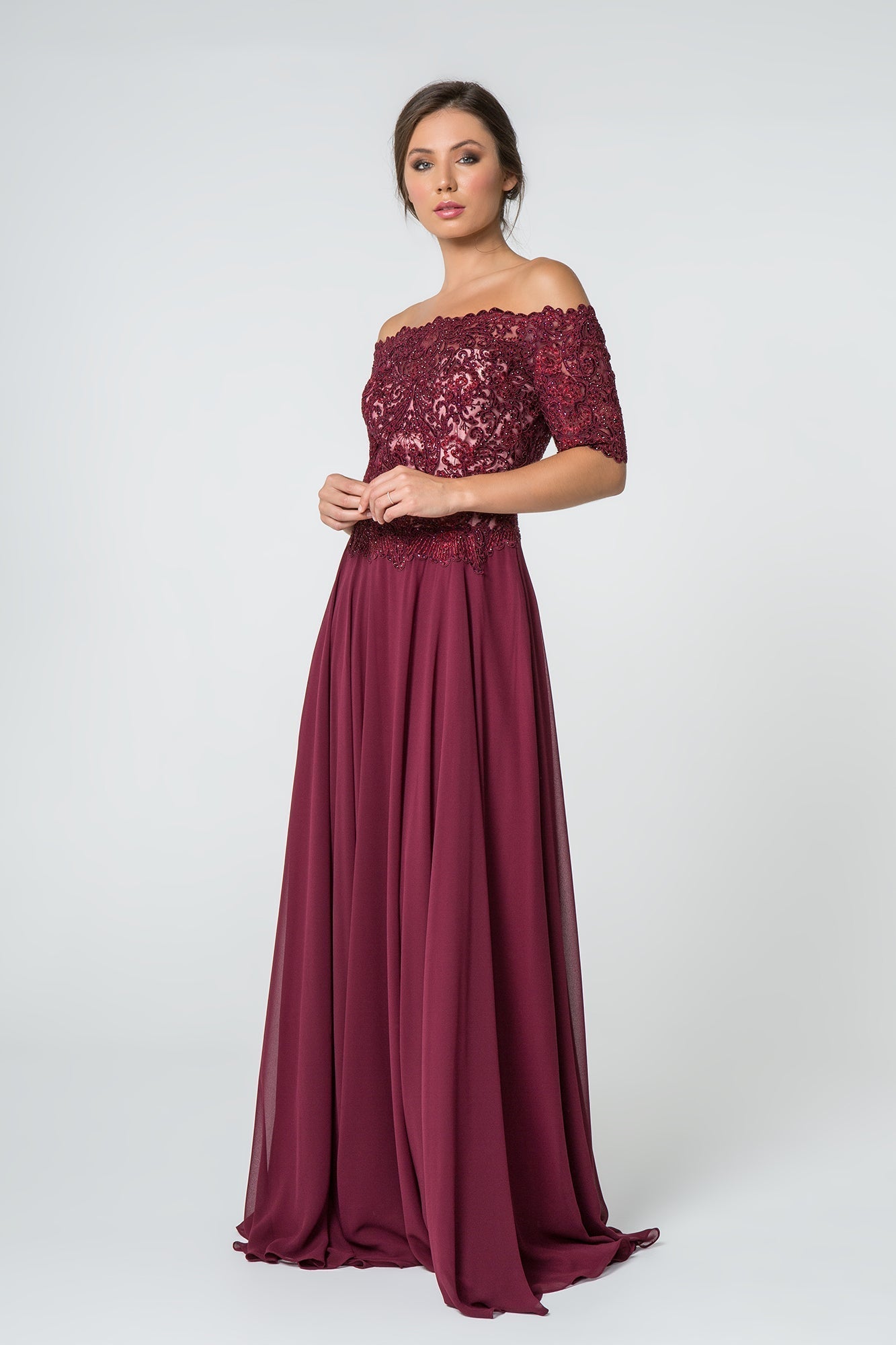 Embroidered Bodice Off-the-Shoulder Chiffon Long Dress GLGL2525 Elsy Style MOTHER OF BRIDE