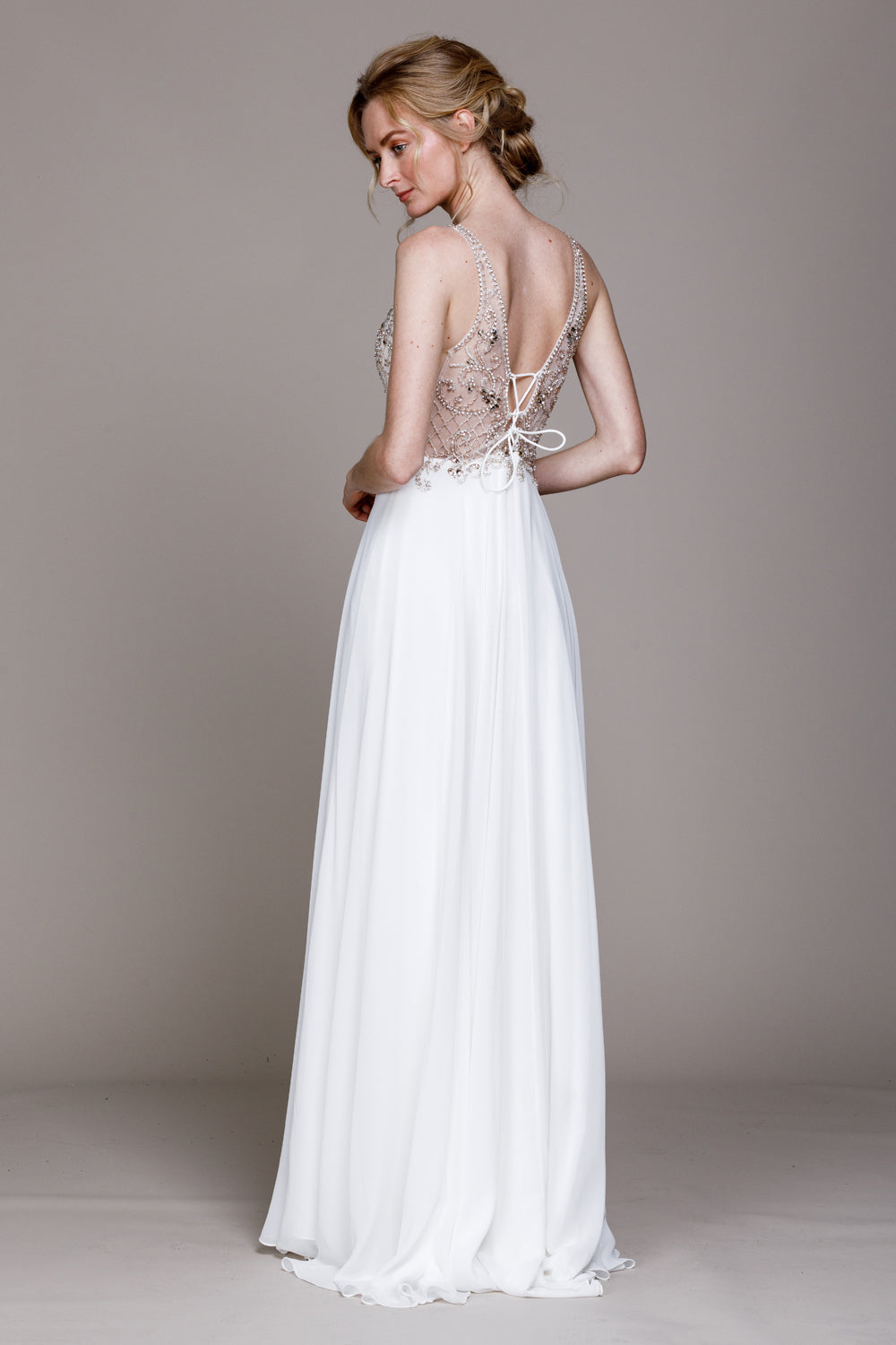 Embroidered Bodice Side Slit Long Wedding Dress AC590 Elsy Style Wedding Dress